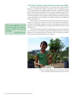 1.5 Évaluer le projet en fonction des ressources accessibles
                                                    Vous devez faire l’inventaire de vos ressources sur les plans humain,
                                              financier et matériel. Pour réaliser cette tâche, créez un calendrier des res-
                                              sources requises durant les différentes phases du projet : implantation, début
                                              des activités, période d’utilisation, fin des activités, rangement pour l’hiver.
                                              Pensez aux besoins relatifs à la mise sur pied du projet et à la réalisation et à
                                              l’entretien du jardin en terme d’espace, de main-d’œuvre bénévole, d’expertise
                                              externe, d’équipement de jardinage, de matériel de culture, de mobilier, de
                                              sources financières, etc.
                                                    Faites ensuite un tri pour dresser une liste des ressources en votre pos-
                                              session et une liste des ressources à trouver. Vous pourrez ainsi décider si,
                                              en fonction de l’énergie du groupe, les ressources manquantes pourront être
  J’aime tout simplement être là              facilement trouvées (récupération, recyclage, temps bénévole, location, levée
  sur le toit à jardiner et à appren-         de fond, etc.).
  dre de nouvelles choses sur le                    Une fois l’inventaire terminé, il se pourrait que vous sentiez le besoin de
  jardinage.                                  revoir à la hausse ou à la baisse les objectifs et l’échelle du projet. Le but est de
                    Bénévole, 10 ans.         démarrer avec un projet réaliste qui concorde avec les ressources accessibles.
                                              Cela vous évitera des déceptions en cours de route.




                                                                      Découvrir de belles surprises qui se cachaient sous la terre!
                                                                         Une extraordinaire façon de côtoyer la nature en ville.




14 guide pour réaliser son jardin alimentaire sur le toit
 
