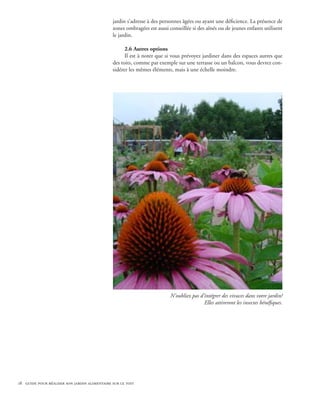 jardin s’adresse à des personnes âgées ou ayant une déficience. La présence de
                                              zones ombragées est aussi conseillée si des aînés ou de jeunes enfants utilisent
                                              le jardin.

                                                    2.6 Autres options
                                                    Il est à noter que si vous prévoyez jardiner dans des espaces autres que
                                              des toits, comme par exemple sur une terrasse ou un balcon, vous devrez con-
                                              sidérer les mêmes éléments, mais à une échelle moindre.




                                                                         N’oubliez pas d’intégrer des vivaces dans votre jardin!
                                                                                         Elles attireront les insectes bénéfiques.




18 guide pour réaliser son jardin alimentaire sur le toit
 
