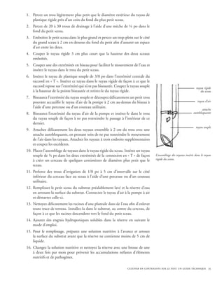 1.	 Percez un trou légèrement plus petit que le diamètre extérieur du tuyau de
    plastique rigide près d’un coin du fond du plus petit sceau.
2.	 Percez de 20 à 30 trous de drainage à l’aide d’une mèche de ¼ po dans le
    fond du petit sceau.
3.	 Emboîtez le petit sceau dans le plus grand et percez un trop-plein sur le côté
    du grand sceau à 2 cm en dessous du fond du petit afin d’assurer un espace
    d’air entre les deux.
4.	 Coupez le tuyau rigide 3 cm plus court que la hauteur des deux sceaux
    emboîtés.
5.	 Coupez une des extrémités en biseau pour faciliter le mouvement de l’eau et
    insérez le tuyau dans le trou du petit sceau.
6.	 Insérez le tuyau de plastique souple de 3/8 po dans l’extrémité centrale du
    raccord en « T ». Insérez ce tuyau dans le tuyau rigide de façon à ce que le
    raccord repose sur l’extrémité qui n’est pas biseautée. Coupez le tuyau souple                                      tuyau rigide
    à la hauteur de la pointe biseautée et retirez-le du tuyau rigide.                                                     du sceau
7.	 Biseautez l’extrémité du tuyau souple et découpez délicatement un petit trou
    pouvant accueillir le tuyau d’air de la pompe à 2 cm au-dessus du biseau à                                           tuyau d’air
    l’aide d’une perceuse ou d’un couteau utilitaire.
                                                                                                                            attache
8.	 Biseautez l’extrémité du tuyau d’air de la pompe et insérez-le dans le trou                                      autobloquante
    du tuyau souple de façon à ne pas restreindre le passage à l’intérieur de ce
    dernier.
                                                                                                                       tuyau souple
9.	 Attachez délicatement les deux tuyaux ensemble à 2 cm du trou avec une
    attache autobloquante, en prenant soin de ne pas restreindre le mouvement
    de l’air dans les tuyaux. Attachez les tuyaux à trois endroits supplémentaires
    et coupez les excédents.
10.	 Placez l’assemblage de tuyaux dans le tuyau rigide du sceau. Insérez un tuyau
     souple de ¼ po dans les deux extrémités de la connexion en « T » de façon         L’assemblage des tuyaux insérés dans le tuyau
     à créer un cerceau de quelques centimètres de diamètre plus petit que le          rigide du sceau.
     sceau.
11.	 Perforez des trous d’irrigation de 1/8 po à 5 cm d’intervalle sur le côté
     inférieur du cerceau face au sceau à l’aide d’une perceuse ou d’un couteau
     utilitaire.
12.	 Remplissez le petit sceau du substrat préalablement lavé et la réserve d’eau
     en arrosant la surface du substrat. Connectez le tuyau d’air à la pompe à air
     et démarrez celle-ci.
13.	 Nettoyez délicatement les racines d’une plantule dans de l’eau afin d’enlever
     toute trace de terreau. Installez-la dans le substrat, au centre du cerceau, de
     façon à ce que les racines descendent vers le fond du petit sceau.
14.	 Ajoutez des engrais hydroponiques solubles dans la réserve en suivant le
     mode d’emploi.
15.	 Pour le remplissage, préparez une solution nutritive à l’avance et arrosez
     la surface du substrat avant que la réserve ne contienne moins de 5 cm de
     liquide.
16.	 Changez la solution nutritive et nettoyez la réserve avec une brosse de une
     à deux fois par mois pour prévenir les accumulations néfastes d’éléments
     nutritifs et de pathogènes.

                                                                    cultiver en contenants sur le toit: un guide technique 35
 