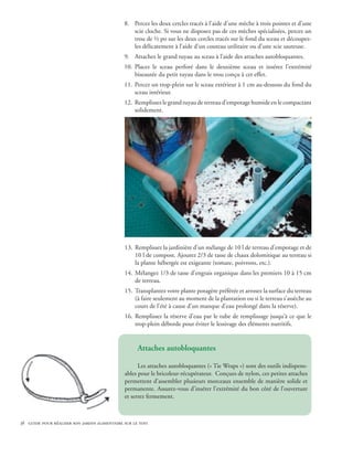 8. Percez les deux cercles tracés à l’aide d’une mèche à trois pointes et d’une
                                                 scie cloche. Si vous ne disposez pas de ces mèches spécialisées, percez un
                                                 trou de ½ po sur les deux cercles tracés sur le fond du sceau et découpez-
                                                 les délicatement à l’aide d’un couteau utilitaire ou d’une scie sauteuse.
                                              9. Attachez le grand tuyau au sceau à l’aide des attaches autobloquantes.
                                              10. Placez le sceau perforé dans le deuxième sceau et insérez l’extrémité
                                                  biseautée du petit tuyau dans le trou conçu à cet effet.
                                              11. Percez un trop-plein sur le sceau extérieur à 1 cm au-dessous du fond du
                                                  sceau intérieur.
                                              12. Remplissez le grand tuyau de terreau d’empotage humide en le compactant
                                                  solidement.




                                              13. Remplissez la jardinière d’un mélange de 10 l de terreau d’empotage et de
                                                  10 l de compost. Ajoutez 2/3 de tasse de chaux dolomitique au terreau si
                                                  la plante hébergée est exigeante (tomate, poivrons, etc.).
                                              14. Mélangez 1/3 de tasse d’engrais organique dans les premiers 10 à 15 cm
                                                  de terreau.
                                              15. Transplantez votre plante potagère préférée et arrosez la surface du terreau
                                                  (à faire seulement au moment de la plantation ou si le terreau s’assèche au
                                                  cours de l’été à cause d’un manque d’eau prolongé dans la réserve).
                                              16. Remplissez la réserve d’eau par le tube de remplissage jusqu’à ce que le
                                                  trop-plein déborde pour éviter le lessivage des éléments nutritifs.


                                                    Attaches autobloquantes

                                                    Les attaches autobloquantes (« Tie Wraps ») sont des outils indispens-
                                              ables pour le bricoleur-récupérateur. Conçues de nylon, ces petites attaches
                                              permettent d’assembler plusieurs morceaux ensemble de manière solide et
                                              permanente. Assurez-vous d’insérer l’extrémité du bon côté de l’ouverture
                                              et serrez fermement.



38 guide pour réaliser son jardin alimentaire sur le toit
 