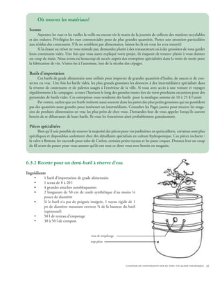 Où trouvez les matériaux?
 Sceaux
       Arpentez les rues et les ruelles la veille ou encore tôt le matin de la journée de collecte des matières recyclables
 et des ordures. Privilégiez les rues commerciales pour de plus grandes quantités. Portez une attention particulière
 aux résidus des contenants. S’ils ne semblent pas alimentaires, laissez-les là où vous les avez trouvés!
       Si la chasse au trésor ne vous stimule pas, demandez plutôt à des restaurateurs ou à des grossistes de vous garder
 leurs contenants vides. Une fois que vous aurez expliqué votre projet, ils risquent de trouver plaisir à vous donner
 un coup de main. Nous avons eu beaucoup de succès auprès des entreprises spécialisées dans la vente de moût pour
 la fabrication de vin. Visitez-les à l’automne, lors de la récolte des cépages.

 Barils d’importation
       Ces barils de grade alimentaire sont utilisés pour importer de grandes quantités d’huiles, de sauces et de con-
 serves en vrac. Une fois les barils vidés, les plus grands grossistes les donnent à des intermédiaires spécialisés dans
 la revente de contenants et de palettes usagés à l’extérieur de la ville. Si vous avez accès à une voiture et voyagez
 régulièrement à la campagne, scrutez l’horizon le long des grandes routes lors de votre prochaine excursion pour des
 pyramides de barils vides. Ces entreprises vous vendront des barils pour la modique somme de 10 à 25 $ l’unité.
       Par contre, sachez que ces barils traînent aussi souvent dans les pattes des plus petits grossistes qui ne possèdent
 pas des quantités assez grandes pour intéresser un intermédiaire. Consultez les Pages jaunes pour trouver les maga-
 sins de produits alimentaires en vrac les plus prêts de chez vous. Demandez-leur de vous appeler lorsqu’ils auront
 besoin de se débarrasser de leurs barils. Ils vous les fourniront ainsi probablement gratuitement.

 Pièces spécialisées
       Bien qu’il soit possible de trouver la majorité des pièces pour vos jardinières en quincaillerie, certaines sont plus
 spécifiques et disponibles seulement chez des détaillants spécialisés en culture hydroponique. Ces pièces incluent :
 la valve à flotteur, les raccords pour tube de Carlon, certains petits tuyaux et les passe-coques. Donnez-leur un coup
 de fil avant de passer pour vous assurer qu’ils ont tout ce dont vous avez besoin en magasin.



6.3.2 Recette pour un demi-baril à réserve d’eau
Ingrédients
    •      1 baril d’importation de grade alimentaire
    •      1 sceau de 8 à 20 l
    •      4 grandes attaches autobloquantes
    •      2 longueurs de 50 cm de corde synthétique d’au moins ¼
           pouce de diamètre
    •      Si le baril n’a pas de poignée intégrée, 1 tuyau rigide de 1
           po de diamètre mesurant environ ¾ de la hauteur du baril
           (optionnel)
    •      50 l de terreau d’empotage
    •      30 à 50 l de compost


                                            trou de remplissage
                                            trop-plein




                                                                    cultiver en contenants sur le toit: un guide technique 39
 