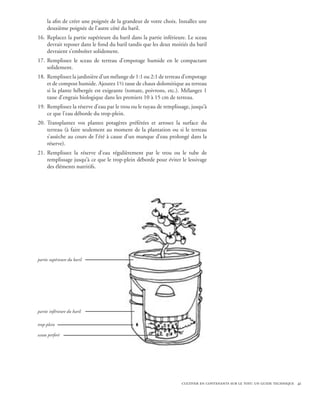la afin de créer une poignée de la grandeur de votre choix. Installez une
     deuxième poignée de l’autre côté du baril.
16.	 Replacez la partie supérieure du baril dans la partie inférieure. Le sceau
     devrait reposer dans le fond du baril tandis que les deux moitiés du baril
     devraient s’emboîter solidement.
17.	 Remplissez le sceau de terreau d’empotage humide en le compactant
     solidement.
18.	 Remplissez la jardinière d’un mélange de 1:1 ou 2:1 de terreau d’empotage
     et de compost humide. Ajoutez 1½ tasse de chaux dolomitique au terreau
     si la plante hébergée est exigeante (tomate, poivrons, etc.). Mélangez 1
     tasse d’engrais biologique dans les premiers 10 à 15 cm de terreau.
19.	 Remplissez la réserve d’eau par le trou ou le tuyau de remplissage, jusqu’à
     ce que l’eau déborde du trop-plein.
20.	 Transplantez vos plantes potagères préférées et arrosez la surface du
     terreau (à faire seulement au moment de la plantation ou si le terreau
     s’assèche au cours de l’été à cause d’un manque d’eau prolongé dans la
     réserve).
21.	 Remplissez la réserve d’eau régulièrement par le trou ou le tube de
     remplissage jusqu’à ce que le trop-plein déborde pour éviter le lessivage
     des éléments nutritifs.




partie supérieure du baril




partie inférieure du baril

trop-plein

sceau perforé




                                                                    cultiver en contenants sur le toit: un guide technique 41
 