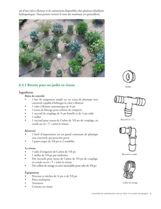 nie d’une valve à flotteur et de connections disponibles chez plusieurs détaillants
hydroponiques. Vous pourrez trouver le reste des matériaux en quincaillerie.




6.4.1 Recette pour un jardin en réseau                                                                Oeillet.

Ingrédients
     Boîte de contrôle
     •     1 bac de rangement souple ou un sceau de plastique avec
           couvercle capable d’héberger la valve à flotteur
     •     1 valve à flotteur automatique de ¾ po
     •     1 écrou de blocage pour robinet de comptoir
     •     1 raccord de couplage de ¾ po femelle et de ½ po mâle
     •     1 oeillet
     •     1 raccord pour tuyau de Carlon de 5/8 po de couplage, en                              Raccord en « T ».
           coude ou en « T » selon le réseau

     Réservoir
     •     1 baril d’importation ou un grand contenant de plastique
           avec couvercle qui peut être percé
     •     1 passe-coque de 5/8 po et 2 rondelles

     Le réseau
     •     1 tube d’irrigation de Carlon de 5/8 po
     •     1 oeillet de 5/8 po par jardinière                                                     Raccord en coude.
     •     Des raccords pour tuyau de Carlon de 5/8 po de couplage,
           en coude ou en « T » selon le réseau
     •     Des colliers de serrage en acier inoxydable pour tube de 5/8 po

     Équipement
     •    Perceuse et mèches de ¾ po et de 5/8 po
     •    Pince multiprise
     •    Tournevis                                                                                Collier de serrage.
     •    Couteau ou ciseau

                                                                      cultiver en contenants sur le toit: un guide technique 51
 