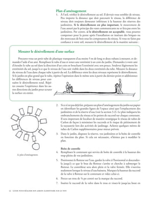 Plan d’aménagement
                                              1. À l’œil, vérifiez le dénivellement au sol. Il devrait vous sembler de niveau.
                                                 Peu importe la distance que doit parcourir le réseau, la différence de
                                                 niveau doit toujours demeurer inférieure à la hauteur des réserves des
                                                 jardinières. Si le dénivellement est plus important, le mouvement de
                                                 l’eau assuré par le principe des vases communicants ne se fera pas entre les
                                                 jardinières. Par contre, si le dénivellement est acceptable, vous pourrez
                                                 compenser pour la pente après l’installation en insérant des briques ou
                                                 des morceaux de bois sous les composantes du réseau. Si vous ne faites pas
                                                 confiance à votre œil, mesurez le dénivellement de la manière suivante :


        Mesurer le dénivellement d’une surface
          Procurez-vous un petit tube de plastique transparent d’au moins 5 m de long et deux rubans à mesurer, et de-
   mandez l’aide d’un ami. Remplissez le tube d’eau et tenez une extrémité à un coin du jardin. Demandez à votre ami
   d’étendre le tube au sol dans la direction d’un coin en bouchant l’extrémité avec son pouce. Soulevez légèrement les
   extrémités du sol, jusqu’à ce que le niveau de l’eau soit visible dans les deux extrémités du tube. Mesurez la distance
   du niveau de l’eau dans chaque tube à partir du sol. La différence entre les deux niveaux représente le dénivellement.
   Si le jardin est plus grand que le tube, répétez l’opération dans le même sens à partir du dernier point et additionnez
   les différences de niveau pour con-
   naître le dénivellement total. Répé-
   tez ensuite l’expérience dans les au-
   tres directions du jardin pour scruter
   la surface en entier.



                                              2. Si ce n’est pas déjà fait, préparez un plan d’aménagement du jardin sur papier
                                                 en identifiant les grandes lignes de l’espace ainsi que l’emplacement des
                                                 jardinières et de la réserve d’eau (voir la section 3.2). Le plan indiquera les
                                                 embranchements du réseau et les points de raccord sur chaque contenant.
                                                 Il sera important de localiser de manière stratégique le réseau de tubes de
                                                 Carlon de façon à minimiser les raccords et le risque de piétinement de
                                                 la tuyauterie lors des activités de jardinage. Achetez quelques mètres de
                                                 tubes de Carlon supplémentaires pour mieux prévoir.
                                              3. Dans le jardin, disposez la réserve, vos jardinières et la boîte de contrôle
                                                 en fonction du plan. Si cela est nécessaire, n’hésitez pas à modifier le
                                                 plan.

                                                 Boîte de contrôle
                                              4. Remplissez le contenant qui servira de boîte de contrôle à la hauteur des
       Le plan d’aménagement.                    trop-pleins de vos jardinières.
                                              5. Positionnez le flotteur sur l’eau, gardez la valve à l’horizontal et descendez-
                                                 la jusqu’à ce que le bras du flotteur s’arrête et cherche à submerger le
                                                 flotteur. Le contrôleur sera alors plein et la valve fermée. Elle s’ouvrira
                                                 seulement lorsque le niveau d’eau baissera. Marquez la hauteur du raccord
                                                 de la valve à flotteur sur le contenant et videz celui-ci.
                                              6. Percez un trou de ¾ po centré sur la marque du raccord.
                                              7. Insérez le raccord de la valve dans le trou et vissez-le jusqu’au bout en

52 guide pour réaliser son jardin alimentaire sur le toit
 