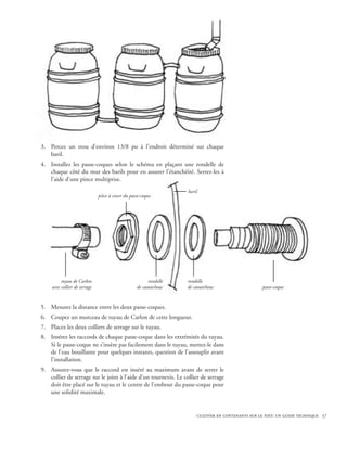 3.	 Percez un trou d’environ 13/8 po à l’endroit déterminé sur chaque
    baril.
4.	 Installez les passe-coques selon le schéma en plaçant une rondelle de
    chaque côté du mur des barils pour en assurer l’étanchéité. Serrez-les à
    l’aide d’une pince multiprise.
                                                                     baril
                               pièce à visser du passe-coque




          tuyau de Carlon                                 rondelle   rondelle
     avec collier de serrage                        de caoutchouc    de caoutchouc                   passe-coque


5.	 Mesurez la distance entre les deux passe-coques.
6.	 Coupez un morceau de tuyau de Carlon de cette longueur.
7.	 Placez les deux colliers de serrage sur le tuyau.
8.	 Insérez les raccords de chaque passe-coque dans les extrémités du tuyau.
    Si le passe-coque ne s’insère pas facilement dans le tuyau, mettez-le dans
    de l’eau bouillante pour quelques instants, question de l’assouplir avant
    l’installation.
9.	 Assurez-vous que le raccord est inséré au maximum avant de serrer le
    collier de serrage sur le joint à l’aide d’un tournevis. Le collier de serrage
    doit être placé sur le tuyau et le centre de l’embout du passe-coque pour
    une solidité maximale.


                                                                         cultiver en contenants sur le toit: un guide technique 57
 