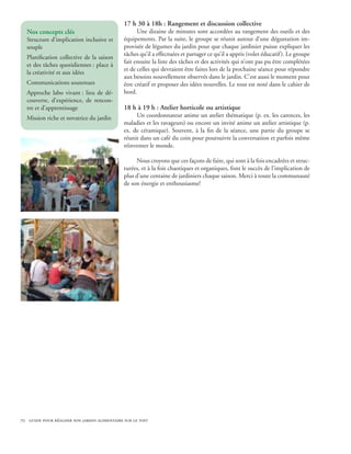 17 h 30 à 18h : Rangement et discussion collective
   Nos concepts clés                                Une dizaine de minutes sont accordées au rangement des outils et des
   Structure d’implication inclusive et       équipements. Par la suite, le groupe se réunit autour d’une dégustation im-
   souple                                     provisée de légumes du jardin pour que chaque jardinier puisse expliquer les
                                              tâches qu’il a effectuées et partager ce qu’il a appris (volet éducatif ). Le groupe
   Planification collective de la saison
                                              fait ensuite la liste des tâches et des activités qui n’ont pas pu être complétées
   et des tâches quotidiennes : place à
                                              et de celles qui devraient être faites lors de la prochaine séance pour répondre
   la créativité et aux idées
                                              aux besoins nouvellement observés dans le jardin. C’est aussi le moment pour
   Communications soutenues                   être créatif et proposer des idées nouvelles. Le tout est noté dans le cahier de
   Approche labo vivant : lieu de dé-         bord.
   couverte, d’expérience, de rencon-
   tre et d’apprentissage                     18 h à 19 h : Atelier horticole ou artistique
   Mission riche et novatrice du jardin            Un coordonnateur anime un atelier thématique (p. ex. les carences, les
                                              maladies et les ravageurs) ou encore un invité anime un atelier artistique (p.
                                              ex. de céramique). Souvent, à la fin de la séance, une partie du groupe se
                                              réunit dans un café du coin pour poursuivre la conversation et parfois même
                                              réinventer le monde.

                                                    Nous croyons que ces façons de faire, qui sont à la fois encadrées et struc-
                                              turées, et à la fois chaotiques et organiques, font le succès de l’implication de
                                              plus d’une centaine de jardiniers chaque saison. Merci à toute la communauté
                                              de son énergie et enthousiasme!




70 guide pour réaliser son jardin alimentaire sur le toit
 