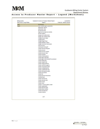 Guidewire Billing Center System
Department Review
7 | P a g e
A c c e s s t o P r o d u c e r M a s t e r R e p o r t - L e g e n d ( W o r k s h e e t )
 