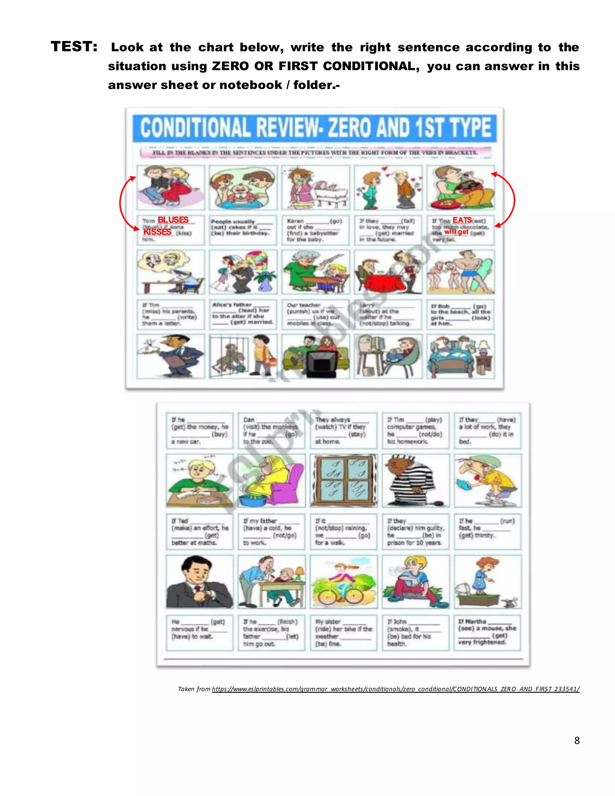 8
TEST: Look at the chart below, write the right sentence according to the
situation using ZERO OR FIRST CONDITIONAL, you can answer in this
answer sheet or notebook / folder.-
Taken from https://www.eslprintables.com/grammar_worksheets/conditionals/zero_conditional/CONDITIONALS_ZERO_AND_FIRST_233541/
BLUSES
KISSES
EATS
will get
 