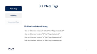 13
3.2 Meta Tags
Multinationale Ausrichtung
Meta Tags
hreﬂang
Canonical Tag
 