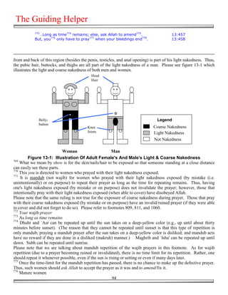 The Guiding Helper
            773
              …Long as time774 remains; else, ask Allah to amend775.                       13:457
            But, you776 only have to pray777 when your bleedings end778.                   13:458




front and back of this region (besides the penis, testicles, and anal opening) is part of his light nakedness. Thus,
the pubic hair, buttocks, and thighs are all part of the light nakedness of a man. Please see figure 13-1 which
illustrates the light and coarse nakedness of both men and women.
                                            Head
                                            Hair




              Belly-                                                              Legend
              button
                                          Knee                                  Coarse Nakedness
                                          Joints                                Light Nakedness
                                                                                Not Nakedness

                             Woman                       Man
         Figure 13-1: Illustration Of Adult Female's And Male's Light & Coarse Nakedness
769
    What we mean by show is for the skin/nails/hair to be exposed so that someone standing at a close distance
can easily see these parts.
770
    This you is directed to women who prayed with their light nakedness exposed.
771
    It is mandub (not wajib) for women who prayed with their light nakedness exposed (by mistake (i.e.
unintentionally) or on purpose) to repeat their prayer as long as the time for repeating remains. Thus, having
one's light nakedness exposed (by mistake or on purpose) does not invalidate the prayer; however, those that
intentionally pray with their light nakedness exposed (when able to cover) have disobeyed Allah.
Please note that the same ruling is not true for the exposure of coarse nakedness during prayer. Those that pray
with their coarse nakedness exposed (by mistake or on purpose) have an invalid/ruined prayer (if they were able
to cover and did not forget to do so). Please refer to footnotes 809, 811, and 1060.
772
    Your wajib prayer
773
    As long as time remains
774
    Dhuhr and `Asr can be repeated up until the sun takes on a deep-yellow color (e.g., up until about thirty
minutes before sunset). (The reason that they cannot be repeated until sunset is that this type of repetition is
only mandub; praying a mandub prayer after the sun takes on a deep-yellow color is disliked; and mandub acts
have no reward if they are done in a disliked (makruh) manner.) Maghrib and `Isha' can be repeated up until
dawn. Subh can be repeated until sunrise.
Please note that we are talking about mandub repetition of the wajib prayers in this footnote. As for wajib
repetition (due to a prayer becoming ruined or invalidated), there is no time limit for its repetition. Rather, one
should repeat it whenever possible, even if the sun is rising or setting or even if many days later.
775
    Once the time-limit for the mandub repetition has passed, there is no chance to make up the defective prayer.
Thus, such women should ask Allah to accept the prayer as it was and to amend/fix it.
776
    Mature women
                                                         94
 