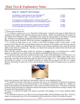 Main Text & Explanatory Notes
            Song 17: Disliked982 Acts in Prayer

            It's disliked in wajib prayers to say "Bismillah"983.                           17:593
            And it's disliked to utter "A`udhu bi l-lah"984,                                17:594

            To prostrate on something that is not from the earth985,                        17:595
            To prostrate with something thin on the forehead's girth986,                    17:596

            To prostrate with long sleeves covering palms of hand987,                       17:597
            To carry something in one's mouth988 or in one's hand989,                       17:598


982
    Please refer to footnote 427.
983
    It is disliked in wajib prayers to say "Bismillah" (which means: [I begin] in the name of Allah) before the
recitation of the Fatihah or the following selection from the Qur'an. Rather, one should begin the recitation of
the Fatihah (with al-hamdu li l-lahi…) immediately after saying the opening takbir (or the takbir for standing
up). Similarly, one should start reciting the selection from the Qur'an soon after finishing the Fatihah.
Please note that saying "Bismillah" before the recitations in mandub prayers is not disliked but is mubah.
984
    It is disliked in wajib prayers to say "A`ūdhu bi l-lahi mina sh-shay'āni r-rajīm" (which means: I seek
protection with Allah from the accursed Shaytan) before the recitation of the Fatihah or the following selection
from the Qur'an. Rather, one should begin the recitation of the Fatihah immediately after saying the opening
takbir (or the takbir for standing up). Similarly, one should start reciting the selection from the Qur'an soon
after finishing the Fatihah.
Please note that saying this phrase before the recitations in mandub prayers is not disliked but is mubah;
however, it is better not to say either of these two phrases (mentioned in this rhyme) in any prayer.
985
    It is disliked to place one's face or palms (not knees, legs, or feet) while prostrating on something that is not
part of the earth or grown from the earth. It is better to prostrate on dirt, rocks, pebbles, grass, plants, leaves,
wood chips, reed mats, mats made from rough tree fibers, etc. (see figure 17-1). The exception to this rule is
the flooring of a masjid: It is not disliked to prostrate on carpets that are spread on the floor of a masjid.
However, prostrating on cloth (even if from one's garment) or carpets outside of masjids (such as at home) is
disliked.




                                                      Figure 17-1
In any case, the prayer is still valid even if prostration is done on velvet carpeting at home.
986
    It is disliked to prostrate while there is something thin (one to five millimeters in thickness) covering the
forehead (e.g., a hat, a cap, an over-sized head scarf, a veil, a bandana, one layer of a turban, etc.). Rather, it is
better for the forehead to be absolutely bare so that it comes in contact with the floor. If the layer covering the
forehead is thick (more than five millimeters) and prevents all parts of the forehead from coming in contact with
the ground, then the prostration is invalid.
Of course, it is allowed for people with injuries to prostrate with bandages on or to pray standing without
prostration.
987
    It is disliked for long sleeves or gloves to be covering the palms while prostrating on the floor. However,
doing so (or going against any of the recommendations in this song) does not break or invalidate the prayer.
                                                           117
 