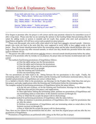 Main Text & Explanatory Notes
            If you both add and miss, you should prostrate before1012.                      18:615
            1013
                Say, "Allahu Akbar," before you hit the floor.                              18:616

            Say, "Allahu Akbar." Sit straight and then again                                18:617
            Say, "Allahu Akbar." Hit the floor. Sit up then                                 18:618

            Saying, "Allahu Akbar." Testify and greet.                                      18:619
            Finish with the salam while staying on your seat1014.                           18:620



If he forgets to prostrate after, his prayer is still correct and he may prostrate whenever he remembers (even if
after a long time). Please note that we are narrating the opinion in the Guiding Helper that prostrating after the
salam for adding words or actions is mandub and not wajib; thus, people who omit such prostrations of
forgetfulness altogether will still have correct and accepted (we pray) prayers.
1011
     Please note that people who recite softly when asked to be loud, have missed a stressed sunnah. Likewise,
people who recite out loud in the units that they were supposed to recite softly in have added words to the
prayer. Thus, the former should prostrate before the terminating salam and the latter should prostrate after it (as
long as they did not miss any other stressed sunnahs, in which case they should also prostrate before the salam
(refer to footnote 1012)).
1012
     The person who adds words and actions and also misses a stressed sunnah should prostrate before the salam.
However if he prostrates after by mistake (or on purpose), his prayer does not become invalid/ruined and is still
correct
1013
     The method of performing prostrations of forgetfulness follows:
                 a) Utter the takbir and go into the first prostration.
                 b) Utter the takbir and sit between the prostrations.
                 c) Utter the takbir and go into the second prostration.
                 d) Utter the takbir and sit up straight
                 e) Say the Greeting and Testification.
                 f) Utter one terminating salam.
The two prostrations are both wajib to do. Sitting between the two prostrations is also wajib. Finally, the
terminating salam is also wajib. As for the takbirs and the Greeting and Testification mentioned above, they are
mandub and prostrations of forgetfulness are correct without them.
It is a fadilah to Glorify Allah in the prostrations, say blessings for the Prophet (May Allah bless him and give
him peace), and make supplications (after the Greeting and Testification) before the terminating salam.
The complete method for performing prostrations of forgetfulness before the salam follows:
                 a) In the last unit of prayer, sit for the Greeting and Testification, blessings for the Prophet (May
                 Allah bless him and give him peace), and supplications.
                 b) Then right before making the terminating salam, perform two prostrations of forgetfulness and
                 one terminating salam as noted above in this footnote (sections (a) through (f)).
                 c) Pray to Allah that He accepts the prayer with its shortcomings.
The complete method for performing prostrations of forgetfulness after the salam follows:
                 a) Make an intention to prostrate prostrations of forgetfulness (this is wajib for prostrations that
                 are after the salam).
                 b) Perform two prostrations of forgetfulness and one terminating salam as noted above in this
                 footnote (sections (a) through (f)).
                 c) Pray to Allah that He accepts the prayer with its shortcomings.
Thus, there are two salams for the prostrations that are after: one from the original prayer and one after the two
prostrations of forgetfulness.
1014
     Prostrations of forgetfulness are performed while sitting on the floor just like in prayer.
                                                            121
 