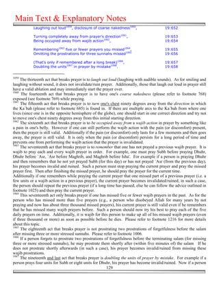 Main Text & Explanatory Notes
            Laughing out loud1059, disclosure of coarse nakedness1060,                    19:652

            Turning completely away from prayer's direction1061,                          19:653
            Being occupied away from wajib action1062,                                    19:654

            Remembering1063 five or fewer prayers you missed1064,                         19:655
            Omitting the prostrations for three sunnahs missed1065                        19:656

            (That's only if remembered after a long break)1066,                           19:657
            Doubling the units1067 in prayer by mistake1068.                              19:658


1059
     The thirteenth act that breaks prayer is to laugh out loud (laughing with audible sounds). As for smiling and
laughing without sound, it does not invalidate/ruin prayer. Additionally, those that laugh out loud in prayer still
have a valid ablution and may immediately start the prayer over.
1060
     The fourteenth act that breaks prayer is to have one's coarse nakedness (please refer to footnote 768)
exposed (see footnote 769) while praying.
1061
     The fifteenth act that breaks prayer is to turn one's chest ninety degrees away from the direction in which
the Ka`bah (please refer to footnote 685) is found in. If there are multiple arcs to the Ka`bah from where one
lives (since one is in the opposite hemisphere of the globe), one should start in one correct direction and try not
to move one's chest ninety degrees away from this initial starting direction.
1062
     The sixteenth act that breaks prayer is to be occupied away from a wajib action in prayer by something like
a pain in one's belly. However if one can still perform the wajib action with the pain (or discomfort) present,
then the prayer is still valid. Additionally if the pain (or discomfort) only lasts for a few moments and then goes
away, the prayer is still valid. It is only when the pain (or discomfort) persists for a long period of time and
prevents one from performing the wajib action that the prayer is invalidated.
1063
     The seventeenth act that breaks prayer is to remember that one has not prayed a previous wajib prayer. It is
wajib to pray each and every wajib prayer in order. For example, one must pray Subh before praying Dhuhr,
Dhuhr before `Asr, `Asr before Maghrib, and Maghrib before Isha'. For example if a person is praying Dhuhr
and then remembers that he not yet prayed Subh (for this day) or has not prayed `Asr (from the previous day),
his prayer becomes invalid and ruined. Such a person must stop praying the current prayer and pray the missed
prayer first. Then after finishing the missed prayer, he should pray the prayer for the current time.
Additionally if one remembers while praying the current prayer that one missed part of a previous prayer (i.e. a
few units or a wajib action in a previous prayer), the current prayer becomes invalidated/ruined; in such a case,
the person should repeat the previous prayer (if a long time has passed, else he can follow the advice outlined in
footnote 1025) and then pray the current prayer.
1064
     This seventeenth act only breaks prayer if one has missed five or fewer wajib prayers in the past. As for the
person who has missed more than five prayers (e.g., a person who disobeyed Allah for many years by not
praying and now has about three thousand missed prayers), his current prayer is still valid even if he remembers
that he has missed many wajib prayers before. Such a person should now try his best to pray each of the five
daily prayers on time. Additionally, it is wajib for this person to make up all of his missed wajib prayers (even
if three thousand or more) as soon as possible before he dies. Please refer to footnote 1216 for more details
about this topic.
1065
     The eighteenth act that breaks prayer is not prostrating two prostrations of forgetfulness before the salam
after missing three or more stressed sunnahs. Please refer to footnote 1006.
1066
     If a person forgets to prostrate two prostrations of forgetfulness before the terminating salam (for missing
three or more stressed sunnahs), he may prostrate them shortly after (within five minutes of) the salam If he
does not prostrate shortly afterwards (in such a case), his prayer becomes invalid/ruined from missing these
wajib prostrations.
1067
     The nineteenth and last act that breaks prayer is doubling the units of prayer by mistake. For example if a
person prays four units for Subh or eight units for Dhuhr, his prayer has become invalid/ruined. Now if a person
                                                          129
 