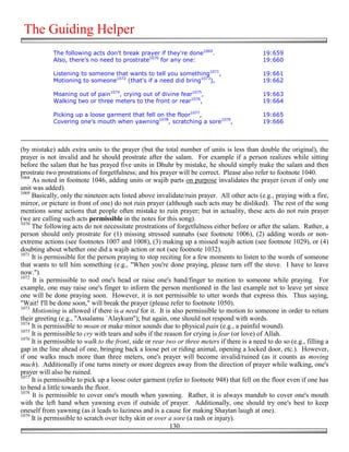 The Guiding Helper
             The following acts don't break prayer if they're done1069.                        19:659
             Also, there's no need to prostrate1070 for any one:                               19:660

             Listening to someone that wants to tell you something1071,                        19:661
             Motioning to someone1072 (that's if a need did bring1073),                        19:662

             Moaning out of pain1074, crying out of divine fear1075,                           19:663
             Walking two or three meters to the front or rear1076,                             19:664

             Picking up a loose garment that fell on the floor1077,                            19:665
             Covering one's mouth when yawning1078, scratching a sore1079,                     19:666



(by mistake) adds extra units to the prayer (but the total number of units is less than double the original), the
prayer is not invalid and he should prostrate after the salam. For example if a person realizes while sitting
before the salam that he has prayed five units in Dhuhr by mistake, he should simply make the salam and then
prostrate two prostrations of forgetfulness; and his prayer will be correct. Please also refer to footnote 1040.
1068
     As noted in footnote 1046, adding units or wajib parts on purpose invalidates the prayer (even if only one
unit was added).
1069
     Basically, only the nineteen acts listed above invalidate/ruin prayer. All other acts (e.g., praying with a fire,
mirror, or picture in front of one) do not ruin prayer (although such acts may be disliked). The rest of the song
mentions some actions that people often mistake to ruin prayer; but in actuality, these acts do not ruin prayer
(we are calling such acts permissible in the notes for this song).
1070
     The following acts do not necessitate prostrations of forgetfulness either before or after the salam. Rather, a
person should only prostrate for (1) missing stressed sunnahs (see footnote 1006), (2) adding words or non-
extreme actions (see footnotes 1007 and 1008), (3) making up a missed wajib action (see footnote 1029), or (4)
doubting about whether one did a wajib action or not (see footnote 1032).
1071
     It is permissible for the person praying to stop reciting for a few moments to listen to the words of someone
that wants to tell him something (e.g., "When you're done praying, please turn off the stove. I have to leave
now.").
1072
     It is permissible to nod one's head or raise one's hand/finger to motion to someone while praying. For
example, one may raise one's finger to inform the person mentioned in the last example not to leave yet since
one will be done praying soon. However, it is not permissible to utter words that express this. Thus saying,
"Wait! I'll be done soon," will break the prayer (please refer to footnote 1050).
1073
     Motioning is allowed if there is a need for it. It is also permissible to motion to someone in order to return
their greeting (e.g., "Assalamu `Alaykum"); but again, one should not respond with words.
1074
     It is permissible to moan or make minor sounds due to physical pain (e.g., a painful wound).
1075
     It is permissible to cry with tears and sobs if the reason for crying is fear (or love) of Allah.
1076
     It is permissible to walk to the front, side or rear two or three meters if there is a need to do so (e.g., filling a
gap in the line ahead of one, bringing back a loose pet or riding animal, opening a locked door, etc.). However,
if one walks much more than three meters, one's prayer will become invalid/ruined (as it counts as moving
much). Additionally if one turns ninety or more degrees away from the direction of prayer while walking, one's
prayer will also be ruined.
1077
     It is permissible to pick up a loose outer garment (refer to footnote 948) that fell on the floor even if one has
to bend a little towards the floor.
1078
     It is permissible to cover one's mouth when yawning. Rather, it is always mandub to cover one's mouth
with the left hand when yawning even if outside of prayer. Additionally, one should try one's best to keep
oneself from yawning (as it leads to laziness and is a cause for making Shaytan laugh at one).
1079
     It is permissible to scratch over itchy skin or over a sore (a rash or injury).
                                                           130
 