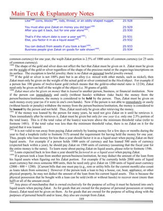 Main Text & Explanatory Notes
            Like1488 coins, blocks1489, rods, thread, or an oddly-shaped nugget.           25:928

            You must also give Zakat on money you did loan1490                             25:929
            After you get it back, but for one year alone1491.                             25:930

            That's if the return date is over a year set1492;                              25:931
            Else, you factor it in as a liquid asset1493.                                  25:932

            You can deduct from assets if you took a loan1494.                             25:933
            Business people give Zakat on goods for sale shown1495.                        25:934


common currency) for one year, the wajib Zakat portion is 2.5% of 1000 units of common currency (or 25 units
of common currency).
1488
     The shape of the gold and silver does not affect the fact that Zakat must be given on it. Zakat must be given
on the weight of the gold or silver regardless of the shape of the precious metal or the engravings/inscriptions on
its surface. The exception is lawful jewelry; there is no Zakat on personal lawful jewelry owned.
1489
     If the gold or silver is not 100% pure but is an alloy (i.e. mixed with other metals, such as nickel), then
Zakat must only be given on the weight of the actual gold or silver contained in the block/object. For example if
a person has 100 grams of twelve-karat gold (which means that the gold-to-other-metal ratio is 12/24), Zakat
need only be given on half of the weight of the object (i.e. 50 grams of gold).
1490
     Zakat must also be given on money that is loaned to another person, business, or financial institution. Now
if the person can immediately and easily (without hassle) withdraw (take back) the money from the
person/business/institution, the money is considered to be held by the person. Thus, Zakat must be given on
such money every year (as if it were in one's own hands). Now if the person is not able to immediately or easily
(without hassle or penalty) withdraw the money from the person/business/institution, the money is considered to
be loaned by the person and not held. Thus, Zakat need only be given after retrieving the money.
1491
     If the money was loaned by the person for many years, he need not give Zakat on it until he retrieves it.
Then immediately after he retrieves it, Zakat must be given but only for one year (i.e. only one 2.5% portion of
the total loan). This is if the total value of the loan(s) was/were above the minimum threshold value (refer to
footnote 1481). If the total value was less than the minimum threshold value, there is no Zakat on it for the
period that it was loaned.
1492
     It is not valid to run away from paying Zakat entirely by loaning money for a few days or months during the
year to find a loophole (refer to footnote 515) around the requirement for having held the money for one year.
Thus, people who loan money for less than a year should factor it in as a liquid asset when paying Zakat on their
liquid assets. For example if a person holds 1000 units of currency and has loaned 500 units of currency
(expected back within a year), he should pay Zakat on 1500 units of currency (assuming that the fiscal year for
the entire money is the same). To learn more about paying Zakat on liquid assets, please refer to footnote 1546.
1493
     Loans expected back in less than a year should be factored in as a liquid asset when paying Zakat.
1494
     If a person took a loan from another person/business/institution, he may deduct the amount of the loan from
his liquid assets when figuring out his Zakat portion. For example if he currently holds 2000 units of liquid
asset currency but owes someone 800 units, then he need only give Zakat on 1200 units of liquid asset currency
(2000 - 800 = 1200). [Current bills that one must pay (e.g., rent or utility bills for the current month) also count
as loans taken from someone.] However if the person took a loan to buy a house, car, boat, appliance, or other
physical property, he may not deduct the amount of the loan from his current liquid assets. This is because the
physical possession that he bought with a loan can be sold (with or without hassle) to recover most (more than
half) or all of the amount owed.
1495
     Any piece of merchandise that is owned exclusively for the purpose of selling it must be factored into one's
liquid assets when paying Zakat. As for goods that are owned for the purpose of personal possession or renting
(lease), Zakat need not be given on them. As for goods that are owned for the purpose of selling along with the
purposes of personal benefit and/or lease, they also are exempt from Zakat.
                                                         169
 