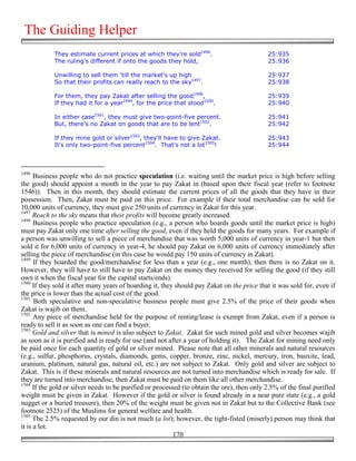 The Guiding Helper
            They estimate current prices at which they're sold1496.                          25:935
            The ruling's different if onto the goods they hold,                              25:936

            Unwilling to sell them 'till the market's up high                                25:937
            So that their profits can really reach to the sky1497.                           25:938

            For them, they pay Zakat after selling the good1498,                             25:939
            If they had it for a year1499, for the price that stood1500.                     25:940

            In either case1501, they must give two-point-five percent.                       25:941
            But, there's no Zakat on goods that are to be lent1502.                          25:942

            If they mine gold or silver1503, they'll have to give Zakat.                     25:943
            It's only two-point-five percent1504. That's not a lot1505!                      25:944



1496
      Business people who do not practice speculation (i.e. waiting until the market price is high before selling
the good) should appoint a month in the year to pay Zakat in (based upon their fiscal year (refer to footnote
1546)). Then in this month, they should estimate the current prices of all the goods that they have in their
possession. Then, Zakat must be paid on this price. For example if their total merchandise can be sold for
10,000 units of currency, they must give 250 units of currency in Zakat for this year.
1497
      Reach to the sky means that their profits will become greatly increased.
1498
      Business people who practice speculation (e.g., a person who hoards goods until the market price is high)
must pay Zakat only one time after selling the good, even if they held the goods for many years. For example if
a person was unwilling to sell a piece of merchandise that was worth 5,000 units of currency in year-1 but then
sold it for 6,000 units of currency in year-4, he should pay Zakat on 6,000 units of currency immediately after
selling the piece of merchandise (in this case he would pay 150 units of currency in Zakat).
1499
      If they hoarded the good/merchandise for less than a year (e.g., one month), then there is no Zakat on it.
However, they will have to still have to pay Zakat on the money they received for selling the good (if they still
own it when the fiscal year for the capital starts/ends).
1500
      If they sold it after many years of hoarding it, they should pay Zakat on the price that it was sold for, even if
the price is lower than the actual cost of the good.
1501
      Both speculative and non-speculative business people must give 2.5% of the price of their goods when
Zakat is wajib on them.
1502
      Any piece of merchandise held for the purpose of renting/lease is exempt from Zakat, even if a person is
ready to sell it as soon as one can find a buyer.
1503
      Gold and silver that is mined is also subject to Zakat. Zakat for such mined gold and silver becomes wajib
as soon as it is purified and is ready for use (and not after a year of holding it). The Zakat for mining need only
be paid once for each quantity of gold or silver mined. Please note that all other minerals and natural resources
(e.g., sulfur, phosphorus, crystals, diamonds, gems, copper, bronze, zinc, nickel, mercury, iron, bauxite, lead,
uranium, platinum, natural gas, natural oil, etc.) are not subject to Zakat. Only gold and silver are subject to
Zakat. This is if these minerals and natural resources are not turned into merchandise which is ready for sale. If
they are turned into merchandise, then Zakat must be paid on them like all other merchandise.
1504
      If the gold or silver needs to be purified or processed (to obtain the ore), then only 2.5% of the final purified
weight must be given in Zakat. However if the gold or silver is found already in a near pure state (e.g., a gold
nugget or a buried treasure), then 20% of the weight must be given not in Zakat but to the Collective Bank (see
footnote 2525) of the Muslims for general welfare and health.
1505
      The 2.5% requested by our din is not much (a lot); however, the tight-fisted (miserly) person may think that
it is a lot.
                                                           170
 