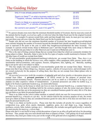 The Guiding Helper
            Only if it was already passed the limit1550.                                    25:970

            There's no Zakat1551 on what a business needs to run1552:                       25:971
            1553
                Supplies, vehicles, machines like mills that are spun.                      25:972

            There's no Zakat on a personal possession1554,                                  25:973
            Private homes1555, or vehicles of transportation1556,                           25:974

            Nor women's own jewelry1557, even if it's gold1558,                             25:975

1549
     If a person already owns more than the minimum threshold number of livestock, then he must also count all
the animals that he bought, received (as a gift), or inherited when the Zakat fiscal year for the original livestock
starts/ends. For example if a person owned forty cattle and then bought forty more, he must give two (and not
just one) three-year-old cows when the Zakat fiscal year for the livestock ends.
1550
     People who did not own the minimum threshold number of livestock but later bought/received/inherited
more animals bringing the number of livestock beyond the threshold limit should consider their livestock fiscal
year to start/end at the point in the year in which they bought/received/inherited the latter livestock. For
example if a person owned twenty sheep in Muharram year-1 and then bought forty more sheep in Shawwal
year-1, he should only pay Zakat in or after Shawwal year-2 (and not in Muharram year-2).
1551
     This is the start of listing common things that are exempt from Zakat but which are commonly mistaken for
being subject to Zakat. Basically, Zakat is only for the five types of surplus wealth mentioned in footnote 1468.
All other types of wealth are exempt from Zakat.
1552
     All non-merchandise goods/equipment/machinery/vehicles/etc. are exempt from Zakat. Thus, there is no
Zakat on the building in which the business runs, office supplies, office equipment, drills, presses, textile mills,
merchandise shelves/containers, cash registers, freezers, refrigerators, fans, lighting, etc. Basically, anything
that is not up for sale is not subject to Zakat.
1553
     This line simply lists some examples of non-merchandise goods that are exempt from Zakat. However,
please note that if any of these things (e.g., business supplies, vehicles of transportation, and textile/paper mills)
are owned exclusively for the purpose of selling them, then they are not exempt from Zakat (please refer to
footnote 1495).
1554
     All personal possessions (with the exception of unlawful gold and silver jewelry or decoration pieces) are
exempt from Zakat. A personal possession is an article owned for the purpose of personal (non-
commercial/non-monetary) benefit. Personal possessions can be as small as a wristwatch or as big as a jet
airplane (or other expensive vehicle of transportation). A personal possession can either be mobile (e.g., a
book) or be fixed at a particular location (e.g., an immovable house).
1555
     There is no Zakat on the house in which one lives or owns for personal benefit (e.g., a summer home or a
mobile home). As for land or buildings held for the exclusive purpose of sale, the owner must give Zakat on
them each year that they are in his possession (as they are considered business goods for sale); this is if he does
not rent them or use them for personal benefit at all.
1556
     There is no Zakat on the vehicle (either machine or animal) which one uses for transportation or owns for
personal benefit (e.g., a bicycle or a jet ski). As for vehicles held for the exclusive purpose of sale, the owner
must give Zakat on them (as they are considered business goods for sale); this is if he does not rent them or use
them for personal benefit at all.
1557
     There is no Zakat on lawful jewelry. Please note that this includes all jewelry for women regardless of
composition (e.g., gold, silver, pearls, diamonds, sapphires, gems, etc.) and shape (e.g., rings, bracelets,
necklaces, crowns, belts, lockets, earrings, etc.). Additionally, this includes non-gold (gold jewelry is unlawful
for men) jewelry for men (e.g., a silver ring).
Please note that it is not lawful to keep vessels/decorations of pure (or an alloy of) gold and silver for decorating
the house. Thus, people who own such should melt them or dispose of them. Until getting rid of such unlawful
decorations, they must give Zakat every year on the weight of the gold and silver (regardless of shape).
                                                          178
 