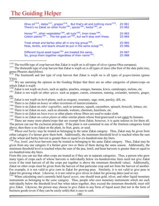 The Guiding Helper
            Olive oil1576, dates1577, grapes1578. But that's all and nothing more1579.       25:981
            There's no Zakat on other fruits1580, spices1581, herbs1582, or                  25:982

            Honey1583, other vegetables1584, all nuts1585, linen trees1586,                  25:983
            Cotton plants1587… The list goes on1588, but we'll stop with these.              25:984

            Treat wheat and barley alike all in one big group1589.                           25:985
            Peas, lentils, and beans should be put in the same scoop1590.                    25:986

            Different liquid asset types1591 are treated the same.                           25:987
            So, group them together regardless of their name1592.                            25:988


1576
     The twelfth type of crop harvest that Zakat is wajib on is all types of olives (genus Olea europaea).
1577
     The thirteenth type of crop harvest that Zakat is wajib on is all types of dates (the fruit of the date palm tree,
genus Phoenix dactylifera).
1578
     The fourteenth and last type of crop harvest that Zakat is wajib on is all types of grapes/raisins (genus
Vitis).
1579
     We are narrating the opinion in the Guiding Helper that there are no other categories of plants/crops on
which Zakat is wajib.
1580
     Zakat is not wajib on fruits, such as apples, peaches, oranges, bananas, kiwis, cantaloupes, melons, etc.
1581
     Zakat is not wajib on other spices, such as pepper, cumin, cinnamon, nutmeg, coriander, turmeric, ginger,
etc.
1582
     Zakat is not wajib on herb plants, such as oregano, rosemary, sage, mint, parsley, dill, etc.
1583
     There is no Zakat on honey or other excretions of insects/creatures.
1584
     There is no Zakat on other vegetables, such as tomatoes, squash, cucumbers, spinach, broccoli, lettuce, etc.
1585
     There is no Zakat on nuts, such as almonds, walnuts, chestnuts, hazelnuts, etc.
1586
     There is no Zakat on linen trees or other plants whose fibers are used to make cloth.
1587
     There is no Zakat on cotton plants or other similar plants whose fruit/grain/seed is not eaten by humans.
1588
     There are many more plants/crops that are exempt from Zakat; however, it is quite tedious to list them all.
The person can use the exclusion principle: If the plant is not contained in one of the fourteen categories listed
above, then there is no Zakat on the plant, its fruit, grain, or seed.
1589
     Wheat and barley may be treated as belonging to the same Zakat category. Thus, Zakat may be given from
either category if a farmer grew them both. Additionally, the minimum threshold level is reached when the sum
of the wheat and barley harvest is greater than or equal to six-hundred-nine dry liters.
1590
     Pea, lentil, and bean harvests may be treated as belonging to the same Zakat category. Thus, Zakat may be
given from any one category if a farmer grew two or three of them during the same season. Additionally, the
minimum threshold level is reached when the sum of the pea, lentil, and bean harvests is greater than or equal to
six-hundred-nine dry liters.
From this you can see that other crops are treated as if they are in separate categories. Thus, a person who grew
many types of crops each of whose harvests is individually below six-hundred-nine liters need not give Zakat
(even if the total harvest of all the crops put together is above the minimum threshold value). Additionally,
Zakat on other crops must be given from the harvest of that particular crop and not from the harvest of another.
For example, it is not valid to give corn in Zakat for growing peas. Similarly, it is not valid to give peas in
Zakat for growing wheat. Likewise, it is not valid to give olives in Zakat for growing dates (and so on).
1591
     When calculating one's currently held liquid assets, one should treat gold, silver, and other liquid monetary
instruments as belonging to the same category. Thus, people who own monetary instruments which are each
individually below the threshold level but when taken together, they exceed the minimum threshold, must still
give Zakat. Likewise, the person may choose to give Zakat in any form of liquid asset (but not in the form of
business goods (even if they can be easily sold)) that is easy to cash.
                                                          180
 