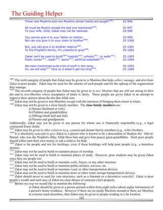 The Guiding Helper
            Those new Muslims and non-Muslims whose hearts are sought1604.                25:996

            All must be Muslim except the last one mentioned1605.                         25:997
            To your wife, child, Zakat may not be rationed.                               25:998

            You cannot give it to your father or mother.                                  25:999
            Nor can you give it to your sister or brother1606.                            25:1000

            But, you can give it to another relative1607.                                 25:1001
            To the Prophet's family, it's unlawful to give1608.                           25:1002

            Zakat can't be used to build1609 masjids1610, schools1611, or walls1612,      25:1003
            Public works1613, roads1614, dams1615, artificial waterfalls1616.             25:1004

            We have mentioned quite a bit of stuff in this song.                          25:1005
            So, we will stop1617 here so it doesn’t get too long1618.                     25:1006


1603
     The sixth category of people that Zakat may be given to is Muslims that help collect, manage, and distribute
Zakat to poor people. Zakat may be used for the salaries of such people and for the upkeep of the organization
they manage.
1604
     The seventh category of people that Zakat may be given to is new Muslims that are still not strong in their
din and to non-Muslims whose acceptance of Islam is likely. These people are given Zakat in an attempt to
improve their opinion about the din that Allah sent.
1605
     Zakat may not be given to non-Muslims except with the intention of bringing them closer to Islam.
1606
     Zakat may not be given to a close family member. The close family members are:
                 a) Spouse (husband or wife)
                 b) Children and grandchildren
                 c) Siblings (both half and full)
                 d) Parents and grandparents
Additionally, Zakat may not be given to any person for whom one is financially responsible (e.g., a legal
contracted foster child).
1607
     Zakat may be given to other relatives (e.g., cousin) and distant family members (e.g., wife's brother).
1608
     It is absolutely unlawful to give Zakat to a person who is known to be a descendent of Hashim ibn `Abd al-
Munaf, who was the Prophet's (May Allah bless him and give him peace) great-grandfather. Such poor people
should either earn their own money or ask a relative for help.
1609
     Zakat is for people and not for buildings, even if these buildings will help poor people (e.g., a homeless
shelter).
1610
     Zakat may not be used to build or maintain places of worship.
1611
     Zakat may not be used to build or maintain places of study. However, poor students may be given Zakat
since they are people too.
1612
     Zakat may not be used to build or maintain walls, fences, or any other structure.
1613
     Zakat may not be used to build or maintain public utilities, services, etc.
1614
     Zakat may not be used to build or maintain roads or other transportation devices.
1615
     Zakat may not be used to build or maintain dams or other water storage/transportation devices.
1616
     Zakat should never to used for vain structures, such as a fountain or a decorative waterfall. Zakat is poor
people's wealth and such uses of Zakat are clear abuses of someone else's property.
1617
     Before we stop we would like to mention the following:
                 a) Zakat should be given to a person present within forty-eight miles (about eighty kilometers) of
                 a person's home residence. However if there are no needy Muslims around or there are Muslims
                 in extreme need elsewhere, then Zakat may be given to people residing in a far location.
                                                         182
 