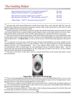 The Guiding Helper
            They should go to the Ka`bah1826 and look for the Stone1827                    30:1141
            Placed in one of its corners. It has a black tone1828.                         30:1142

            They can kiss or touch it if there isn't a crowd1829.                          30:1143
            Else, they go in line with it1830. Then, they say out loud1831,                30:1144

            "Allahu Akbar". Then1832, the House they go around1833.                        30:1145


1825
     Near the door of the Sacred Masjid, they should remove their shoes, enter with their right foot, bless the
Prophet (May Allah bless him and give him peace), and ask Allah to open up the doors to His mercy for them
(this is mandub whenever entering any masjid).
1826
     Instead of praying a formal prayer to greet the masjid, they should immediately proceed towards the center
of the Sacred Masjid where a square building (usually draped in black velvet cloth) called the Ka`bah is found.
Upon the first glance at the House, they can make a desired prayer (it is said that this prayer is answered).
1827
     The first act which the person performing `Umrah and/or Hajj should engage in is circumambulation of the
Ka`bah (which means to walk around the Ka`bah). Each act of circumambulation must begin from a spot in line
with the Black Stone. The Black Stone is set in one of the corners of the Ka`bah nearly opposite to the door of
Safa.
As it is necessary to be pure and covered like prayer during circumambulation, the person should not start
circumambulation immediately if he is in need of ablution. If he is in need of ablution, he should first perform
ablution and then start circumambulation. Now if his ablution breaks before he is done performing
circumambulation, then he should pause his circumambulation and go to perform ablution again. After he
comes back pure (having performed ablution), he may simply pick up where he left off (i.e. he may continue
from the point he paused his circumambulation at).
1828
     The stone is now black in color and is inset in a circular metal frame (at the current time) about a meter
above the ground.




                                   Figure 30-4: Black Stone Of The Ka`bah
1829
     The act of circumambulation should begin with a touch or a kiss of the Black Stone if there is not a crowd.
[The person performing Hajj should expect a large crowd and should not expect to have the opportunity to touch
the stone (however, such a person may attempt to do so if he wills).]
1830
     If the person is unable to touch the Black Stone with his hand or kiss it with his lips, he should simply go in
line with it (meaning that he should stand at a spot where he can see the corner with the Black Stone and both of
the side walls at a forty-five degree angle).
1831
     In all cases, the person should say, "Allahu Akbar," after touching, kissing, going in line with the Stone and
he should make an intention to perform circumambulation.
                                                       206
 