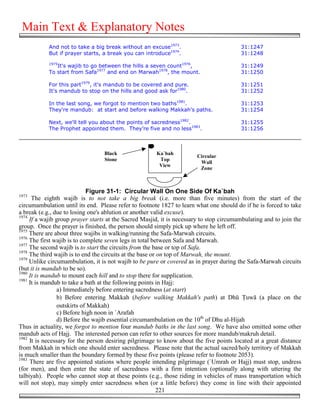 Main Text & Explanatory Notes
            And not to take a big break without an excuse1973.                           31:1247
            But if prayer starts, a break you can introduce1974.                         31:1248
            1975
               It's wajib to go between the hills a seven count1976,                     31:1249
            To start from Safa1977 and end on Marwah1978, the mount.                     31:1250

            For this part1979, it's mandub to be covered and pure.                       31:1251
            It's mandub to stop on the hills and good ask for1980.                       31:1252

            In the last song, we forgot to mention two baths1981.                        31:1253
            They're mandub: at start and before walking Makkah's paths.                  31:1254

            Next, we'll tell you about the points of sacredness1982.                     31:1255
            The Prophet appointed them. They’re five and no less1983.                    31:1256



                                  Black                Ka`bah
                                                                       Circular
                                  Stone                 Top
                                                                        Wall
                                                        View
                                                                        Zone



                             Figure 31-1: Circular Wall On One Side Of Ka`bah
1973
      The eighth wajib is to not take a big break (i.e. more than five minutes) from the start of the
circumambulation until its end. Please refer to footnote 1827 to learn what one should do if he is forced to take
a break (e.g., due to losing one's ablution or another valid excuse).
1974
     If a wajib group prayer starts at the Sacred Masjid, it is necessary to stop circumambulating and to join the
group. Once the prayer is finished, the person should simply pick up where he left off.
1975
     There are about three wajibs in walking/running the Safa-Marwah circuits.
1976
     The first wajib is to complete seven legs in total between Safa and Marwah.
1977
     The second wajib is to start the circuits from the base or top of Safa.
1978
     The third wajib is to end the circuits at the base or on top of Marwah, the mount.
1979
     Unlike circumambulation, it is not wajib to be pure or covered as in prayer during the Safa-Marwah circuits
(but it is mandub to be so).
1980
     It is mandub to mount each hill and to stop there for supplication.
1981
     It is mandub to take a bath at the following points in Hajj:
                 a) Immediately before entering sacredness (at start)
                 b) Before entering Makkah (before walking Makkah's path) at Dhū $uwā (a place on the
                 outskirts of Makkah)
                 c) Before high noon in `Arafah
                 d) Before the wajib essential circumambulation on the 10th of Dhu al-Hijah
Thus in actuality, we forgot to mention four mandub baths in the last song. We have also omitted some other
mandub acts of Hajj. The interested person can refer to other sources for more mandub/makruh detail.
1982
     It is necessary for the person desiring pilgrimage to know about the five points located at a great distance
from Makkah in which one should enter sacredness. Please note that the actual sacred/holy territory of Makkah
is much smaller than the boundary formed by these five points (please refer to footnote 2053).
1983
     There are five appointed stations where people intending pilgrimage (`Umrah or Hajj) must stop, undress
(for men), and then enter the state of sacredness with a firm intention (optionally along with uttering the
talbiyah). People who cannot stop at these points (e.g., those riding in vehicles of mass transportation which
will not stop), may simply enter sacredness when (or a little before) they come in line with their appointed
                                                           221
 