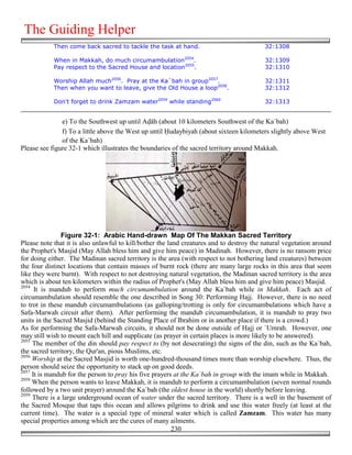 The Guiding Helper
            Then come back sacred to tackle the task at hand.                             32:1308

            When in Makkah, do much circumambulation2054.                                 32:1309
            Pay respect to the Sacred House and location2055.                             32:1310

            Worship Allah much2056. Pray at the Ka`bah in group2057.                      32:1311
            Then when you want to leave, give the Old House a loop2058.                   32:1312

            Don't forget to drink Zamzam water2059 while standing2060                     32:1313


               e) To the Southwest up until A!āh (about 10 kilometers Southwest of the Ka`bah)
               f) To a little above the West up until )udaybiyah (about sixteen kilometers slightly above West
               of the Ka`bah)
Please see figure 32-1 which illustrates the boundaries of the sacred territory around Makkah.




                Figure 32-1: Arabic Hand-drawn Map Of The Makkan Sacred Territory
Please note that it is also unlawful to kill/bother the land creatures and to destroy the natural vegetation around
the Prophet's Masjid (May Allah bless him and give him peace) in Madinah. However, there is no ransom price
for doing either. The Madinan sacred territory is the area (with respect to not bothering land creatures) between
the four distinct locations that contain masses of burnt rock (there are many large rocks in this area that seem
like they were burnt). With respect to not destroying natural vegetation, the Madinan sacred territory is the area
which is about ten kilometers within the radius of Prophet's (May Allah bless him and give him peace) Masjid.
2054
      It is mandub to perform much circumambulation around the Ka`bah while in Makkah. Each act of
circumambulation should resemble the one described in Song 30: Performing Hajj. However, there is no need
to trot in these mandub circumambulations (as galloping/trotting is only for circumambulations which have a
Safa-Marwah circuit after them). After performing the mandub circumambulation, it is mandub to pray two
units in the Sacred Masjid (behind the Standing Place of Ibrahim or in another place if there is a crowd.)
As for performing the Safa-Marwah circuits, it should not be done outside of Hajj or `Umrah. However, one
may still wish to mount each hill and supplicate (as prayer in certain places is more likely to be answered).
2055
     The member of the din should pay respect to (by not desecrating) the signs of the din, such as the Ka`bah,
the sacred territory, the Qur'an, pious Muslims, etc.
2056
     Worship at the Sacred Masjid is worth one-hundred-thousand times more than worship elsewhere. Thus, the
person should seize the opportunity to stack up on good deeds.
2057
     It is mandub for the person to pray his five prayers at the Ka`bah in group with the imam while in Makkah.
2058
     When the person wants to leave Makkah, it is mandub to perform a circumambulation (seven normal rounds
followed by a two unit prayer) around the Ka`bah (the oldest house in the world) shortly before leaving.
2059
     There is a large underground ocean of water under the sacred territory. There is a well in the basement of
the Sacred Mosque that taps this ocean and allows pilgrims to drink and use this water freely (at least at the
current time). The water is a special type of mineral water which is called Zamzam. This water has many
special properties among which are the cures of many ailments.
                                                          230
 
