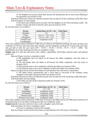 Main Text & Explanatory Notes
                ii) The daughters do not get a fixed share because the deceased has one or more male offspring in
                her generation (see footnote 2518).
        Step three) Determine if there are inheritors present who can take all of the remaining wealth after those
        with fixed shares are done taking.
                i) The three male children (sons) can share with the daughters in all of the remaining wealth. The
                females will get only half of what the males get (see footnote 2519).
So, the final shares are as follows:

                          Person              Initial Share (LCD = 16) Final Share
                          Husband                          1/4                  4/16
                           3 Sons                6/8 x (1 - 1/4) = 9/16         9/16
                        2 Daughters              2/8 x (1- 1/4) = 3/16          3/16
                       Grandson and                completely veiled              0
                      Granddaughter
Thus if the residuary estate consisted of 1,000 units of currency, the husband would get 250 units, the three sons
would get 187.50 units each (since they share equally), and two daughters would get 93.75 units each (since they
only get half of what the sons take) (250 + 187.50 + 187.50 + 187.50 + 93.75 + 93.75 = 1000). The
grandchildren do not get anything since they are completely veiled.
Sample case c) A man dies and leaves only a father, a grandfather, full brother, paternal uncle, and paternal
uncle's son:
        Step one) Figure out who is completely veiled:
                i) The grandfather does not inherit at all because the father completely veils him (refer to
                footnote 2496).
                ii) The full brother does not inherit at all because the father completely veils him (refer to
                footnote 2497).
                iii) The paternal uncle is also completely veiled by the father (see footnote 2502).
                iv) The paternal uncle's son is also completely veiled by the father (see footnote 2504).
        Step two) Figure out the normal fixed shares of each inheritor who will receive a fixed share.
                i) The father always automatically gets a fixed share of one-sixth of the residuary estate
                regardless of the other inheritors present (see footnote 2510).
        Step three) Determine if there are inheritors present who can take all of the remaining wealth after those
        with fixed shares are done taking.
                i) The father can take all the remaining wealth (see footnote 2510).
So, the final shares are as follows:

                          Person             Initial Share (LCD = 6)        Final Share
                           Father                     1/6 + 5/6                  6/6
                        Grandfather              completely veiled                0
                        Full Brother             completely veiled                0
                       Paternal Uncle            completely veiled                0
                    Paternal Uncle's Son         completely veiled                0
Thus if the residuary estate consisted of 1,000 units of currency, the father receives all 1000 units and the rest of
the people present, do not inherit anything since they are completely veiled.
Sample case d) A man dies and leaves only a wife, a daughter, and a full sister.
        Step one) Figure out who is completely veiled:
                i) No one is completely veiled in this example.
        Step two) Figure out the normal fixed shares of each inheritor who will receive a fixed share.

                                                        295
 