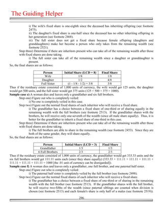 The Guiding Helper
                i) The wife's fixed share is one-eighth since the deceased has inheriting offspring (see footnote
                2475).
                ii) The daughter's fixed share is one-half since the deceased has no other inheriting offspring in
                her generation (see footnote 2468).
                iii) The full sister does not get a fixed share because female offspring (daughters and
                granddaughters) make her become a person who only takes from the remaining wealth (see
                footnote 2521).
        Step three) Determine if there are inheritors present who can take all of the remaining wealth after those
        with fixed shares are done taking.
                i) The full sister can take all of the remaining wealth since a daughter or granddaughter is
                present.
So, the final shares are as follows:

                             Person          Initial Share (LCD = 8)        Final Share
                              Wife                        1/8                     1/8
                            Daughter                      1/2                     4/8
                           Full Sister          (1 - 1/8 - 1/2) = 3/8             3/8
Thus if the residuary estate consisted of 1,000 units of currency, the wife would get 125 units, the daughter
would get 500 units, and the full sister would get 375 units (125 + 500 + 375 = 1000).
Sample case e) A woman dies and leaves only a grandfather and six full brothers.
        Step one) Figure out who is completely veiled:
                i) No one is completely veiled in this case.
        Step two) Figure out the normal fixed shares of each inheritor who will receive a fixed share.
                i) The grandfather has a choice between a fixed share of one-third or of sharing equally in the
                remaining wealth with the full brothers (see footnote 2513). If the grandfather shares with the
                brothers, he will receive only one-seventh of the wealth (since all male share equally). Thus, it is
                better for the grandfather to inherit a fixed share of one-third in this case.
        Step three) Determine if there are inheritors present who can take all of the remaining wealth after those
        with fixed shares are done taking.
                i) The full brothers are able to share in the remaining wealth (see footnote 2453). Since they are
                both of the same gender, they will share equally.
So, the final shares are as follows:

                            Person             Initial Share (LCD = 3)       Final Share
                         Grandfather                      1/3                     1/3
                        6 Full Brothers                   2/3                     2/3
Thus if the residuary estate consisted of 1,000 units of currency, the grandfather would get 333.33 units and the
six full brothers would get 111.11 units each (since they share equally) (333.33 + 111.11 + 111.11 + 111.11 +
111.11 + 111.11 + 111.11 = 1000 [the .01 unit of currency can be disregarded]).
Sample case f) A woman dies and leaves only a grandfather, one full brother, and one paternal half sister.
        Step one) Figure out who is completely veiled:
                i) The paternal half sister is completely veiled by the full brother (see footnote 2498).
        Step two) Figure out the normal fixed shares of each inheritor who will receive a fixed share.
                i) The grandfather has a choice between a fixed share of one-third or of sharing in the remaining
                wealth with the full brother (see footnote 2513). If the grandfather shares with the full brother,
                he will receive two-fifths of the wealth (since paternal siblings are counted when division is
                chosen (see footnote 2513) and each female's share is only half of a males (see footnote 2519)).

                                                        296
 