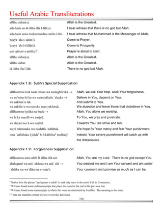 Useful Arabic Transliterations
allāhu akbar(u).                                        Allah is the Greatest.
ash-hadu an-lā ilāha illa l-lāh(u).                     I bear witness that there is no god but Allah.
ash-hadu anna mu!ammadan rasūlu l-lāh.                  I bear witness that Muhammad is the Messenger of Allah.
!ayya `ala $-$alāt(i).                                  Come to Prayer.
!ayya `ala l-falā!(i).                                  Come to Prosperity.
qad qāmati $-$alāt(u)n.                                 Prayer is about to start.
allāhu akbar(u).                                        Allah is the Greatest.
allāhu akbar.                                           Allah is the Greatest.
lā ilāha illa l-lāh.                                    There is no god but Allah.



Appendix 1.8: Subh's Special Supplication

allāhumma innā nasta`īnuka wa nastaghfiruka →                   Allah, we ask Your help, seek Your forgiveness,
wa nu'minu bi ka wa natawakkalu `alayka →                       Believe in You, depend on You,
wa nakhna`u lak.                                                And submit to You.
wa nakhla`u wa natruku man yakfuruk.                            We abandon and leave those that disbelieve in You.
allāhumma iyyāka na`budu →                                      Allah, You alone we worship.
wa la ka nu$alli wa nasjud.                                     To You, we pray and prostrate.
wa ilayka nas`ā wa na!fid.                                      Towards You, we strive and run.
narjū ra!mataka wa nakhāfu `adhābak.                            We hope for Your mercy and fear Your punishment.
inna `adhābaka l-jiddao bi l-kāfirīnap mul!aqq.                 Indeed, Your severe punishment will catch up with
                                                                the disbelievers.

Appendix 1.9: Forgiveness Supplication

allāhumma anta rabbī lā ilāha illā ant.                         Allah, You are my Lord. There is no god except You.
khalaqtanī wa anā `abduka wa anā `alā →                         You created me and I am Your servant and am under
`ahdika wa wa`dika ma s-sta%a`t.                                Your covenant and promise as much as I can be.


n
    Notice how the phrase "qad qamati s-salah" is said only once in the entire Call to Commence.
o
    We have found some old manuscripts that place this word at the end of the previous line.
p
    We have found some manuscripts in which this word is substituted by l-kuffāri. The meaning is the same.
q
    There are multiple correct ways to vowel this last word.
                                                                  336
 