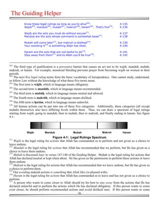 The Guiding Helper
            Know these legal rulings as long as you're alive264:                        4:135
            Wajib265, mandub266, mubah267, makruh268, haram269. That's five270.         4:136

            Wajib are the acts you must do without excuse271.                           4:137
            Mandub are the acts whose command is somewhat loose272.                     4:138

            Mubah will come later273, but makruh is disliked274.                        4:139
            Your avoiding it275 is something Allah has liked.                           4:140

            Haram are the acts that are not lawful to do276.                            4:141
            Stay away from them277 and to Allah you'll be true278.                      4:142


263
    The third type of qualification is a preventive barrier that causes an act not to be wajib, mandub, mubah,
makruh, or haram. For example, menstrual bleeding prevents prayer from becoming wajib on women in their
periods.
264
    The next five legal ruling terms form the basic vocabulary of Jurisprudence. One cannot study, understand,
or follow Law without the knowledge of what these five terms mean.
265
    The first term is wājib, which in language means obligatory.
266
    The second term is mandūb, which in language means recommended.
267
    The third term is mubā#, which in language means neutral and allowed.
268
    The fourth term is makrūh, which in language means disliked.
269
    The fifth term is #arām, which in language means unlawful.
270
    All human actions can be put into one of these five categories. Additionally, these categories (all except
mubah) themselves also have differing levels within them. Thus, we can draw a spectrum of legal rulings
starting from wajib, going to mandub, then to mubah, then to makruh, and finally ending in haram. See figure
4-1:




              Wajib         Mandub                 Mubah                  Makruh           Haram
                                    Figure 4-1: Legal Rulings Spectrum
271
    Wajib is the legal ruling for actions that Allah has commanded us to perform and not given us a choice to
leave undone.
272
    Mandub is the legal ruling for actions that Allah has recommended that we perform, but He has given us a
choice to leave them undone.
273
    Mubah is discussed later in verses 147-148 of the Guiding Helper. Mubah is the legal ruling for actions that
Allah has declared neutral or kept silent about. He has given us the permission to perform these actions or leave
them undone.
274
    Makruh is the legal ruling for actions that Allah has recommended that we leave undone, but He has given us
a choice to perform them.
275
    Our avoiding makruh actions is something that Allah likes (is pleased with).
276
    Haram is the legal ruling for actions that Allah has commanded us to leave and has not given us a choice to
perform.
277
    A person who wants to come closer to Allah should try his best to stay away from the actions that He has
declared unlawful and to perform the actions which He has declared obligatory. If this person wants to come
even closer, he should perform recommended actions and avoid disliked ones. If this person wants to come
                                                         36
 