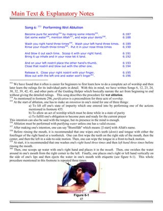 Main Text & Explanatory Notes

            Song 6: 353 Performing Wet Ablution

            Become pure for worship354 by making some intents355.                         6:187
            Get some water356, mention Allah357, and wipe your dents358.                  6:188

            Wash you right hand three times359. Wash your left hand three times.          6:189
            Rinse your mouth three times360. Put it in your nose three times              6:190

            And blow it out each time. Scoop it with your right hand.                     6:191
            Bring it up inhale and in your nose let it land.                              6:192

            And on your left nostril place the other hand's thumb.                        6:193
            Close that nostril and blow out with the other one.                           6:194

            Release it. Close your right nostril with your finger.                        6:195
            Blow out with the left one and water won't linger361.                         6:196

353
    We have found that it often is easier for beginners to first learn how to do a complete act of worship and then
later learn the rulings for its individual parts in detail. With this in mind, we have written Songs 6, 12, 23, 24,
30, 32, 39, 42, 43, and other parts of the Guiding Helper which basically narrate the act from beginning to end
without giving the detailed rulings. This song describes the procedure for wet ablution.
354
    As mentioned in footnote 296, purification is a precondition for three acts of worship.
355
    At the start of ablution, one has to make an intention in one's mind for one of three things:
                  a) To lift off one's state of impurity which one entered into by performing one of the actions
                  mentioned in footnote 455.
                  b) To allow an act of worship which must be done while in a state of purity
                  c) To fulfill one's obligation to become pure and ready for the current prayer
This intention can also be said with the tongue, but its presence in the mind is enough.
356
    Ablution must be performed with purifying water unless one has a valid excuse.
357
    After making one's intention, one can say "Bismillāh" which means: [I start] with Allah's name.
358
    Before rinsing the mouth, it is recommended that one wipes one's teeth (dents) and tongue with either the
forefinger of the right hand or a toothstick. One can first wipe the teeth on the right side of the mouth, then the
center, and then the left in a side-to-side motion. Then, one can wipe the tongue in a front-to-back motion.
359
    At start, it is recommended that one washes one's right hand three times and then left hand three times before
rinsing the mouth.
360
    Then, one scoops up water with one's right hand and places it in the mouth. Then, one swishes the water
around in one's mouth from the right corner to the left. Finally, one places one's right or left hand vertically on
the side of one's lips and then ejects the water in one's mouth with etiquette (see figure 6-1). This whole
procedure mentioned in this footnote is repeated three times.




                                                   Figure 6-1
                                                       45
 
