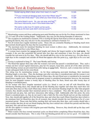 Main Text & Explanatory Notes
            Except saying Allah's Book when from heart it's read546.                      9:326
            547
              If your menstrual bleeding lasts more than fifteen days548                  9:327
            Or more than three days549 plus what you have know by your ways,              9:328

            The extra blood is pure. So, you can pray and fast550                         9:329
            And have intercourse, even if this blood does last551.                        9:330

            The same is also true if it starts up too quick                               9:331
            As long as the last cycle didn’t end too quick552.                            9:332


545
    Menstruating women and those undergoing post-natal bleeding may not do the five things mentioned in lines
311-313 and 320 of the Guiding Helper. Additionally, they may not fast during Ramadan or otherwise.
546
    The exception (as mentioned in footnote 539) is reciting the Qur'an from heart or from an open page. As for
touching the Qur'an, they may only do it in the circumstances outlined in footnote 515.
547
    Not all women have regular menstrual cycles. Those who are constantly bleeding (or bleeding much more
than normal) should ignore the days that far exceed their norm.
548
    The maximum norm for menstrual bleeding for most women is fifteen days. Additionally, the minimum
norm for being blood-free is also fifteen days.
549
    A woman must examine her normal period lengths and choose the largest number as her real norm. For
example if she sees that sometimes her period lasts four days and sometimes it lasts five days, she should
consider her real norm to be five days. Then, she should add three days to her real norm (e.g., five plus three is
eight days in this example) and consider all blood that appears after this point (e.g., eight days) to be extra and
pure.
550
    Fasting is explained in Song 27: The Lunar Months and Fasting.
551
    The blood that appears three days after the woman's real norm has passed is considered pure. Thus, such a
woman can have sexual vaginal intercourse, pray her five prayers, keep fasts, and do all of the other activities
which bleeding women are prevented from (after taking an initial bath). However, such a woman does not have
to take subsequent baths for her extra blood.
This ruling was for menstruating women. As for those undergoing post-natal discharge, their maximum
bleeding length is sixty days. Thus, the discharge seen after sixty days is considered pure and the woman is not
restricted. After the post-natal discharge ends for fifteen days, the next blood seen is considered to be menstrual
blood from a regular cycle. Blood seen by pregnant women is considered menstruation; however, the maximum
limit for most pregnant women is twenty days of bleeding (thus for them, blood seen after twenty days of
bleeding is considered pure).
As for women who have irregular menstrual cycles (i.e. blood is seen on and off with blood-free days
interleaving bleeding days), they should add up all the bleeding days together and when they reach their real
norm plus three days (or they reach fifteen days which is the maximum bleeding length for other than pregnant
women), they should consider their menstrual period to have completed. Thus after this point, they are not
restricted and can pray, fast, and have intercourse after taking a bath. Additionally after this point, the extra
blood is considered pure; so, they do not need to take a bath (for this extra blood) and nor are they restricted.
Now, they should add together all of the blood-free days and when they reach fifteen blood-free days (which is
the minimum limit for blood-free days for all women), they should consider the next bleeding to be of a new
menstrual period. Please note that before reaching their real norm plus three days, such women should take a
bath everyday that they do not see blood (hoping that they have entered into a blood-free period) and then they
must pray, fast, and can have intercourse.
All this also applies to women with irregular post-natal bleeding. However, they should add up the days until
they reach sixty days.
552
    When women who have normal menstrual cycles see blood before completing fifteen blood-free days, they
should consider that blood pure. This is only if the last bleeding period did not end too quick. If it ended too
                                                          67
 