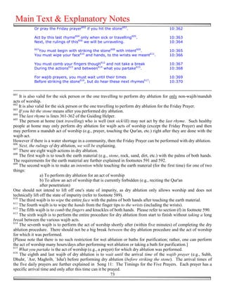 Main Text & Explanatory Notes
            Or pray the Friday prayer602 if you hit the stone603.                           10:362

            Act by this last rhyme604 only when sick or travelling605.                      10:363
            Next, the rulings of this606 we will be unraveling.                             10:364
            607
              You must begin with striking the stone608 with intent609.                     10:365
            You must wipe your face610 and hands, to the wrists we meant611.                10:366

            You must comb your fingers though612 and not take a break                       10:367
            During the actions613 and between614 what you partake615.                       10:368

            For wajib prayers, you must wait until their times                              10:369
            Before striking the stone616, but do hear these next rhymes617:                 10:370


601
    It is also valid for the sick person or the one travelling to perform dry ablution for only non-wajib/mandub
acts of worship.
602
    It is also valid for the sick person or the one travelling to perform dry ablution for the Friday Prayer.
603
    If you hit the stone means after you performed dry ablution.
604
    The last rhyme is lines 361-362 of the Guiding Helper.
605
    The person at home (not travelling) who is well (not sick/ill) may not act by the last rhyme. Such healthy
people at home may only perform dry ablution for wajib acts of worship (except the Friday Prayer) and then
may perform a mandub act of worship (e.g., prayer, touching the Qur'an, etc.) right after they are done with the
wajib act.
However if there is a water shortage in a community, then the Friday Prayer can be performed with dry ablution.
606
    Next, the rulings of dry ablution, we will be explaining.
607
    There are eight wajib actions in dry ablution.
608
    The first wajib is to touch the earth material (e.g., stone, rock, sand, dirt, etc.) with the palms of both hands.
The requirements for the earth material are further explained in footnotes 591 and 592.
609
    The second wajib is to make an intention while touching the earth material (for the first time) for one of two
things:
                  a) To perform dry ablution for an act of worship
                  b) To allow an act of worship that is currently forbidden (e.g., reciting the Qur'an
                  after penetration)
One should not intend to lift off one's state of impurity, as dry ablution only allows worship and does not
technically lift off the state of impurity (refer to footnote 589).
610
    The third wajib is to wipe the entire face with the palms of both hands after touching the earth material.
611
    The fourth wajib is to wipe the hands from the finger tips to the wrists (including the wrists).
612
    The fifth wajib is to comb the fingers and knuckles of both hands. Please refer to section (f) in footnote 590.
613
    The sixth wajib is to perform the entire procedure for dry ablution from start to finish without taking a long
break between the various wajib acts.
614
    The seventh wajib is to perform the act of worship shortly after (within five minutes) of completing the dry
ablution procedure. There should not be a big break between the dry ablution procedure and the act of worship
for which it was performed.
[Please note that there is no such restriction for wet ablution or baths for purification; rather, one can perform
the act of worship many hours/days after performing wet ablution or taking a bath for purification.]
615
    What you partake is the act of worship (e.g., a prayer) for which dry ablution was performed.
616
    The eighth and last wajib of dry ablution is to wait until the arrival time of the wajib prayer (e.g., Subh,
Dhuhr, `Asr, Maghrib, `Isha') before performing dry ablution (before striking the stone). The arrival times of
the five daily prayers are further explained in Song 11: The Timings for the Five Prayers. Each prayer has a
specific arrival time and only after this time can it be prayed.
                                                            73
 