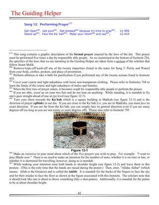 The Guiding Helper
            Song 12: Performing Prayer679

            Get clean680. Get pure681. Get dressed682 because it's time to pray683.        12:409
            Stand up684. Face the Ka`bah685. Make your intent686 and say687,               12:410




679
    This song contains a graphic description of the formal prayer enacted by the laws of the din. This prayer
must be performed five times a day by responsible able people. As we mentioned at the bottom of footnote 254,
the specifics of the laws that we are narrating in the Guiding Helper are taken from a section of the scholars that
follow Imam Malik.
680
    Remove/wipe-off/wash-off any of the twenty impurities (listed in the notes for Song 5: Purity and Water)
from your body, clothes, pockets, and place of prostration.
681
    Perform ablution or take a bath for purification if you performed any of the twenty actions listed in footnote
455.
682
    Cover your coarse and light nakedness with loose non-transparent clothing. Please refer to footnotes 768 to
learn the limits of the coarse and light nakedness of males and females.
683
    When the first time of prayer enters, it becomes wajib for responsible able people to perform the prayer.
684
    If you are able, stand up on your two feet and do not lean on anything. While standing, it is mandub to fix
one's gaze straight ahead of one at eye level (see figure 12-7).
685
    Turn your chest towards the Ka`bah which is a square building in Makkah (see figure 12-1) and is the
direction of prayer (qiblah) in our din. If you are close to the Ka`bah (i.e. you are in Makkah), you must face its
exact direction. If you are far from the Ka`bah, you can simply face its general direction even if you are many
degrees off (as long as you are not ninety or more degrees off). Please also refer to footnote 795.




                                                    Figure 12-1
686
    Make an intention in your mind about which of the five prayers you wish to pray. For example: "I want to
pray Dhuhr now." There is no need to make an intention for the number of units, whether it is on time or late, or
whether it is shortened for travelling; however, doing so is mandub.
687
    While making your intention raise both hands to shoulder height (see figure 12-2) and leave them in this
posture. (This is the only time that the hands are raised during the prayer.) Then, utter, "Allahu Akbar" (which
means: Allah is the Greatest) and is called the takbīr. It is mandub for the backs of the fingers to face the sky
and for their insides to face the floor as shown in the figure associated with this footnote. The scholars note that
it should look like one is about to throw something (like a shot-putter). Additionally, it is mandub for the palms
to be at about shoulder height.


                                                        82
 