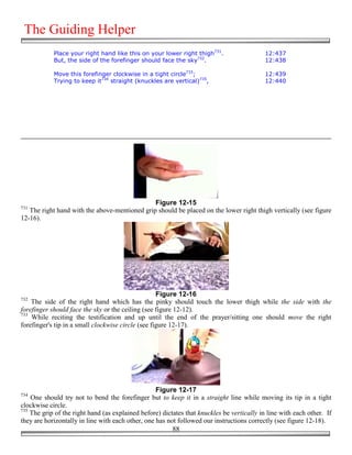 The Guiding Helper
            Place your right hand like this on your lower right thigh731.                   12:437
            But, the side of the forefinger should face the sky732.                         12:438

            Move this forefinger clockwise in a tight circle733;                            12:439
            Trying to keep it734 straight (knuckles are vertical)735,                       12:440




                                               Figure 12-15
731
   The right hand with the above-mentioned grip should be placed on the lower right thigh vertically (see figure
12-16).




                                                    Figure 12-16
732
    The side of the right hand which has the pinky should touch the lower thigh while the side with the
forefinger should face the sky or the ceiling (see figure 12-12).
733
    While reciting the testification and up until the end of the prayer/sitting one should move the right
forefinger's tip in a small clockwise circle (see figure 12-17).




                                                   Figure 12-17
734
    One should try not to bend the forefinger but to keep it in a straight line while moving its tip in a tight
clockwise circle.
735
    The grip of the right hand (as explained before) dictates that knuckles be vertically in line with each other. If
they are horizontally in line with each other, one has not followed our instructions correctly (see figure 12-18).
                                                         88
 