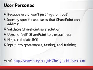 User PersonasBecause users won’t just “figure it out”Identify specific use cases that SharePoint can addressValidates SharePoint as a solutionUsed to “sell” SharePoint to the businessHelps calculate ROIInput into governance, testing, and training How? http://www.hceye.org/HCInsight-Nielsen.htm