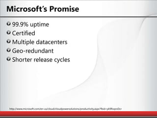 Microsoft’s Promise99.9% uptimeCertifiedMultiple datacentersGeo-redundantShorter release cycleshttp://www.microsoft.com/en-us/cloud/cloudpowersolutions/productivity.aspx?fbid=yk9RvqroDcr
