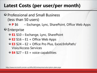 Latest Costs (per user/per month)Professional and Small Business(less than 50 users)P$6	 – Exchange, Lync, SharePoint, Office Web AppsEnterpriseE1 $10 – Exchange, Lync, SharePointE2 $16 – E1 + Office Web AppsE3$24 – E2 + Office Pro Plus, Excel/InfoPath/Visio/Access ServicesE4 $27 – E3 + voice capabilitieshttp://www.microsoft.com/en-us/office365/enterprise/subscription-plans.aspx