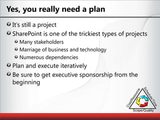 Yes, you really need a planIt’s still a projectSharePoint is one of the trickiest types of projectsMany stakeholdersMarriage of business and technologyNumerous dependenciesPlan and execute iterativelyBe sure to get executive sponsorship from the beginning