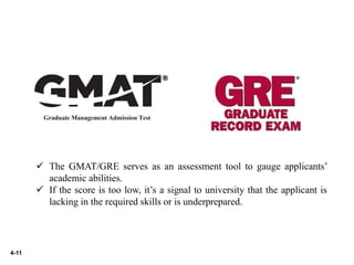 4-11
 The GMAT/GRE serves as an assessment tool to gauge applicants’
academic abilities.
 If the score is too low, it’s a signal to university that the applicant is
lacking in the required skills or is underprepared.
 