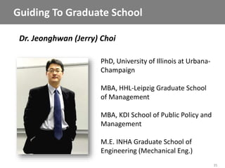 35
Dr. Jeonghwan (Jerry) Choi
Guiding To Graduate School
PhD, University of Illinois at Urbana-
Champaign
MBA, HHL-Leipzig Graduate School
of Management
MBA, KDI School of Public Policy and
Management
M.E. INHA Graduate School of
Engineering (Mechanical Eng.)
 