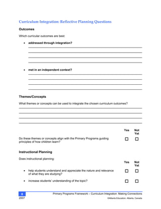Primary Programs Framework – Curriculum Integration: Making Connections
2007 ©Alberta Education, Alberta, Canada
8
Curriculum Integration: Reflective Planning Questions  
Outcomes
Which curricular outcomes are best:
• addressed through integration?
• met in an independent context?
Themes/Concepts
What themes or concepts can be used to integrate the chosen curriculum outcomes?
Yes Not
Yet
Do these themes or concepts align with the Primary Programs guiding
principles of how children learn?
Instructional Planning
Does instructional planning:
Yes Not
Yet
• help students understand and appreciate the nature and relevance
of what they are studying?
• increase students’ understanding of the topic?
 