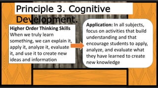 Principle 3. Cognitive
Development.
Higher Order Thinking Skills
When we truly learn
something, we can explain it,
apply it, analyze it, evaluate
it, and use it to create new
ideas and information
Application: In all subjects,
focus on activities that build
understanding and that
encourage students to apply,
analyze, and evaluate what
they have learned to create
new knowledge
 