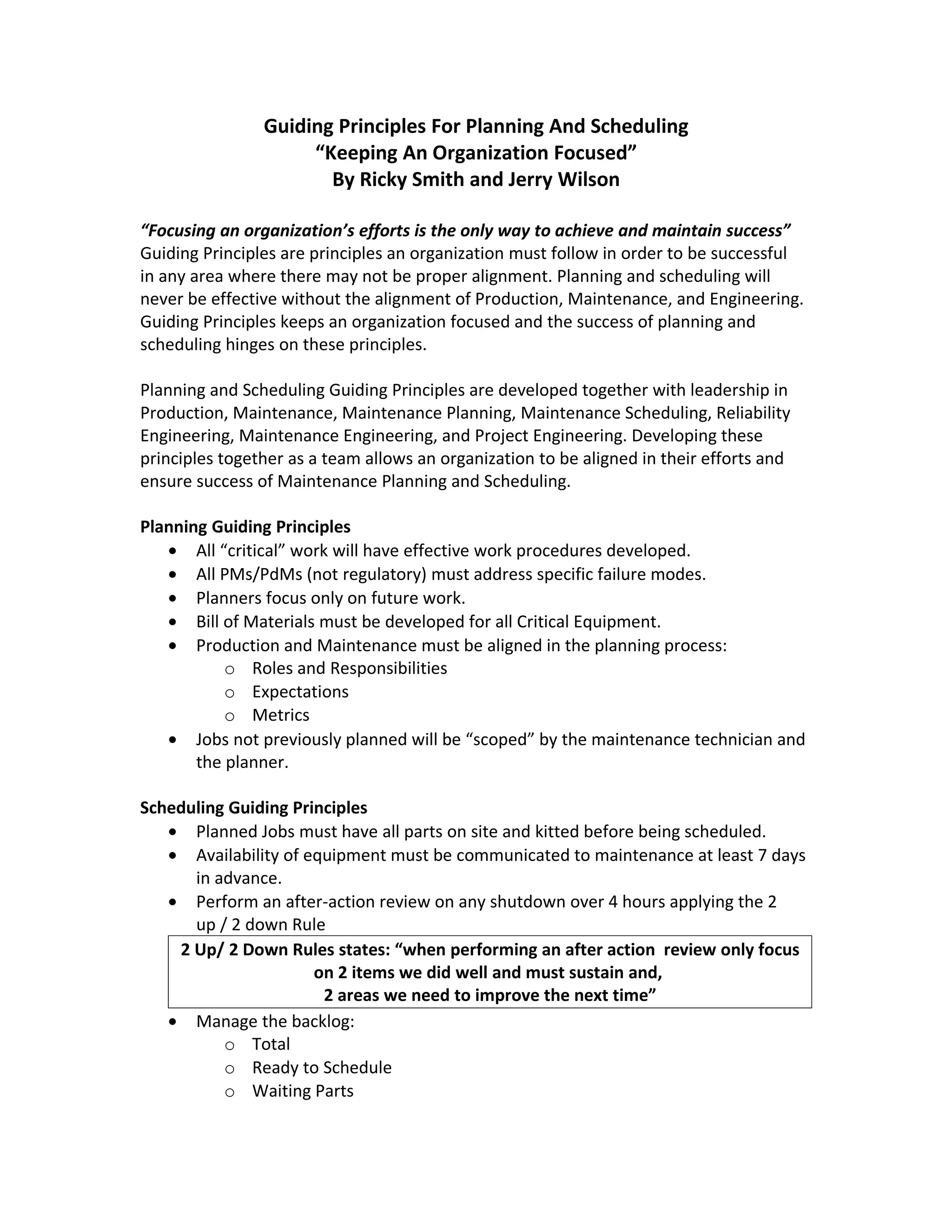 Guiding Principles For Planning And Scheduling | DOC