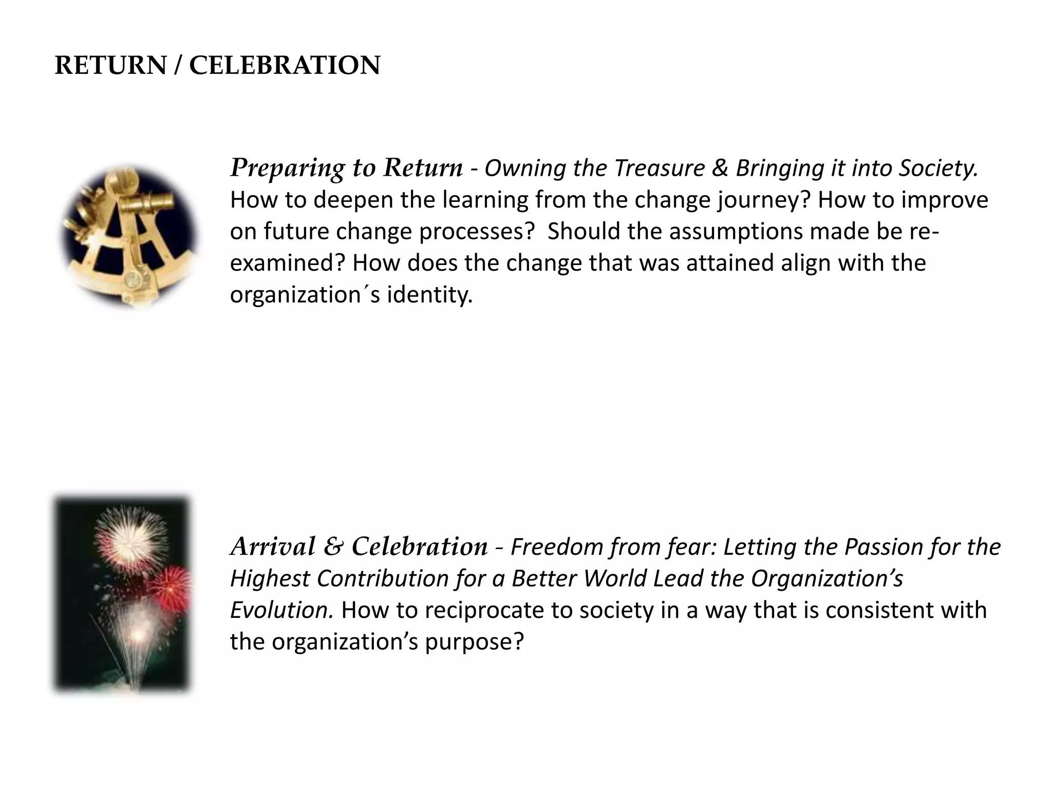 Preparing to Return - Owning the Treasure & Bringing it into Society.
How to deepen the learning from the change journey? How to improve
on future change processes? Should the assumptions made be re-
examined? How does the change that was attained align with the
organization´s identity.
Arrival & Celebration - Freedom from fear: Letting the Passion for the
Highest Contribution for a Better World Lead the Organization’s
Evolution. How to reciprocate to society in a way that is consistent with
the organization’s purpose?
RETURN / CELEBRATION
 