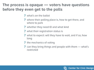 The process is opaque — voters have questions
before they even get to the polls
? what’s on the ballot
? where their polling place is, how to get there, and
where to park
? whether they need ID and what kind
? what their registration status is
? what to expect: will they have to wait, and if so, how
long
? the mechanics of voting
? can they bring things and people with them — what’s
restricted
 