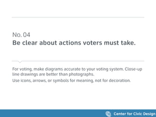 For voting, make diagrams accurate to your voting system. Close-up
line drawings are better than photographs.
Use icons, arrows, or symbols for meaning, not for decoration.
No. 04
Be clear about actions voters must take.
 