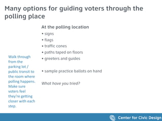 Many options for guiding voters through the
polling place
Walk	through	
from	the	
parking	lot	/	
public	transit	to	
the	room	where	
polling	happens.	
Make	sure	
voters	feel	
they’re	getting	
closer	with	each	
step.	
At the polling location
• signs
• flags
• traffic cones
• paths taped on floors
• greeters and guides
• sample practice ballots on hand
What have you tried?
 
