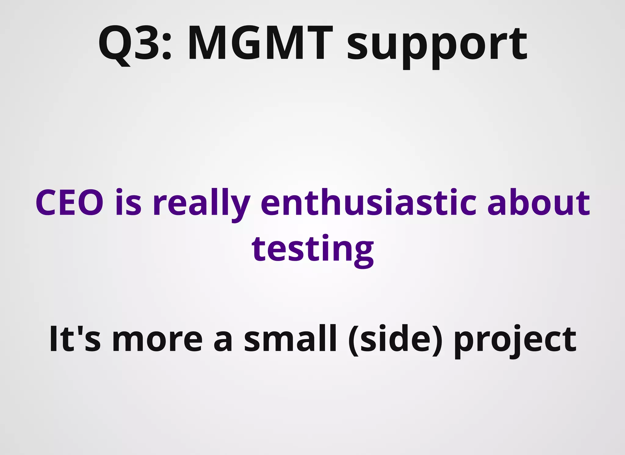 Q3: MGMT support​
CEO is really enthusiastic about
testing
It's more a small (side) project
 