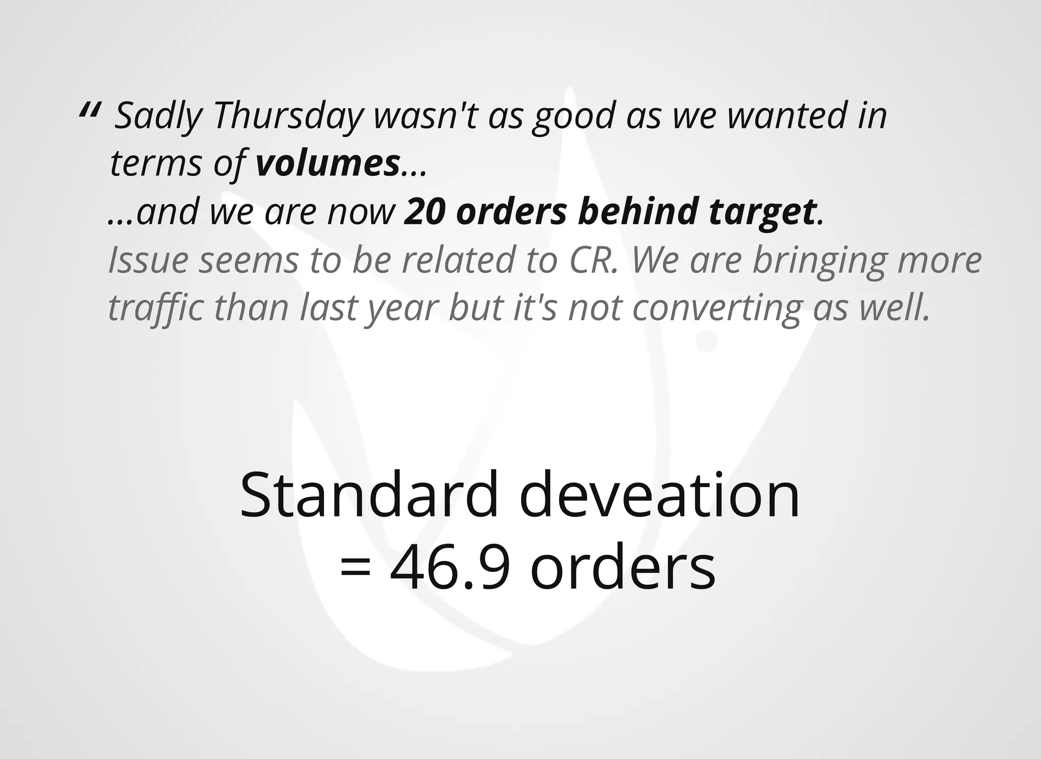 “ Sadly Thursday wasn't as good as we wanted in
terms of volumes...​
Standard deveation
...and we are now 20 orders behind target.​​
Issue seems to be related to CR. We are bringing more
traﬃc than last year but it's not converting as well.
= 46.9 orders
 